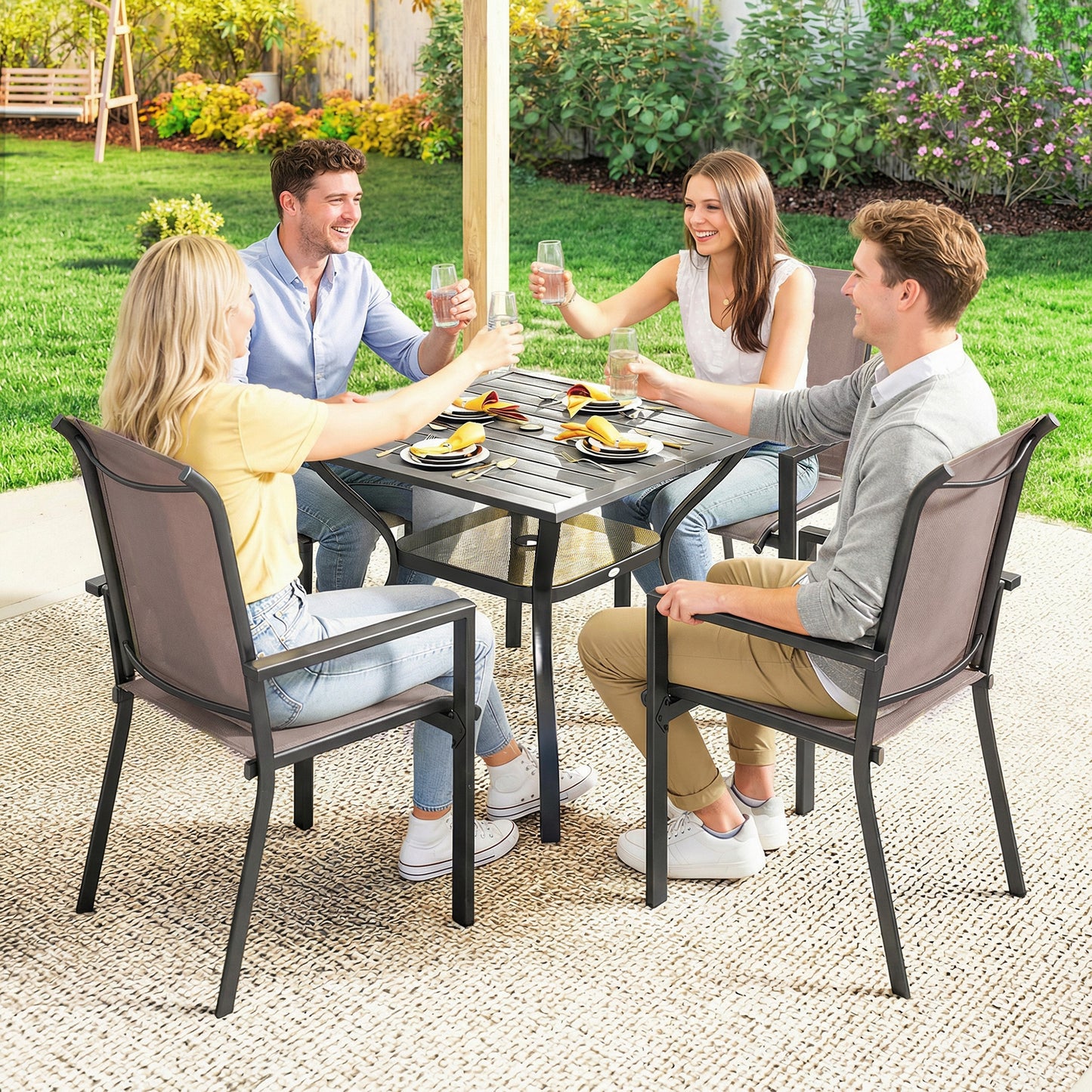 Outsunny 5 Piece Outdoor Dining Set For 4 With Garden Table And Stackable Chairs Breathable Mesh Seats Grey And Khaki