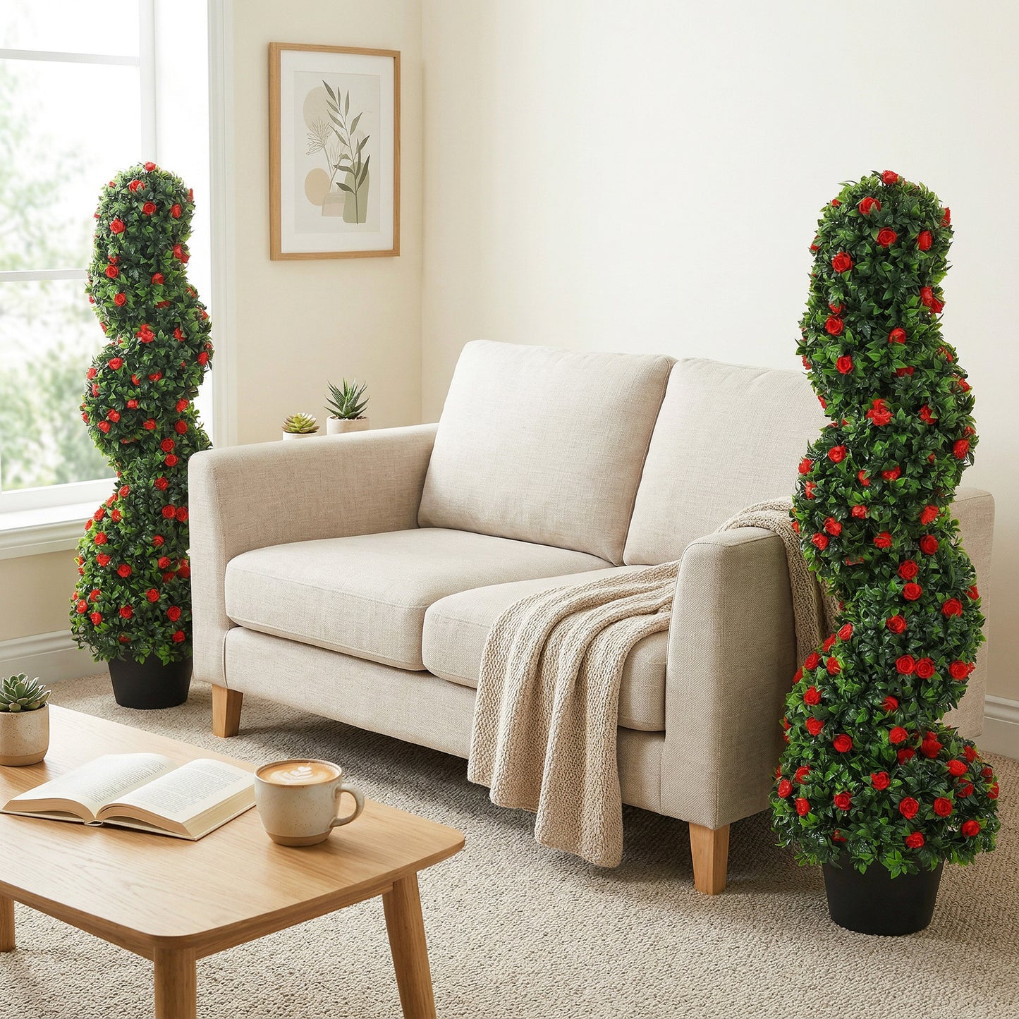 HOMCOM Artificial Rose Spiral Topiary Tree Set Of 2 For Indoor Outdoor Use 90cm With 630 Leaves