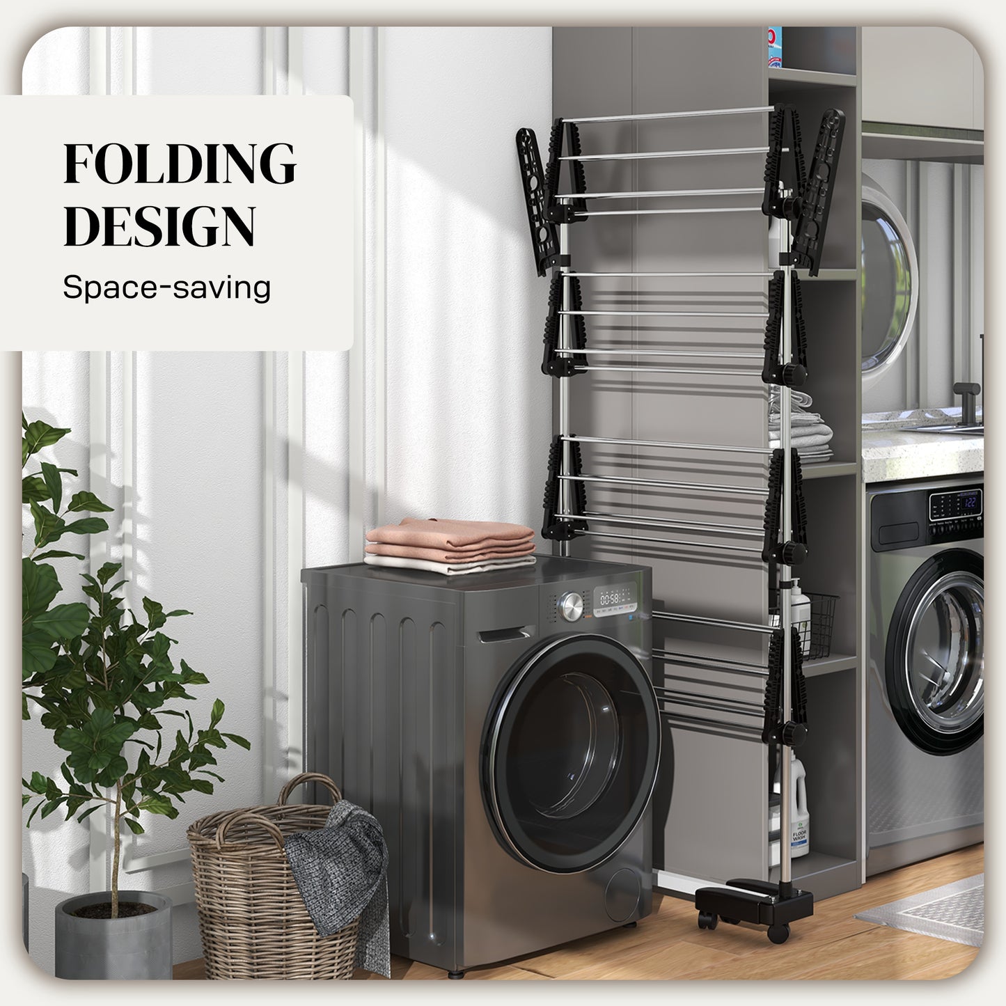 HOMCOM Four Shelf Collapsing Clothes Horse With Side Arms And Wheels Black Compact Foldable Drying Rack