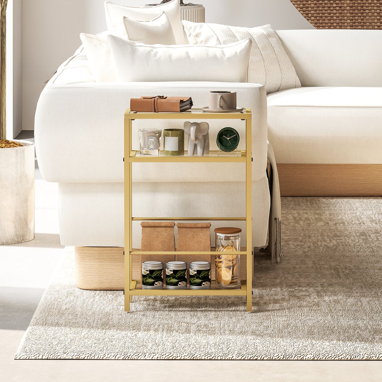 HOMCOM 3-Tier Slim Side Table 18 Cm Wide With Storage Shelf And Tempered Glass Top For Small Spaces Gold Tone