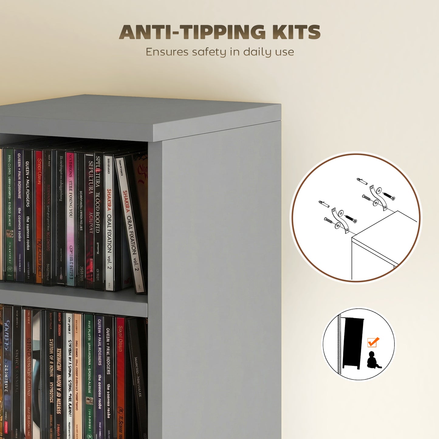HOMCOM Set of 2 CD Media Display Shelves With Adjustable Shelves Tower Rack Light Grey