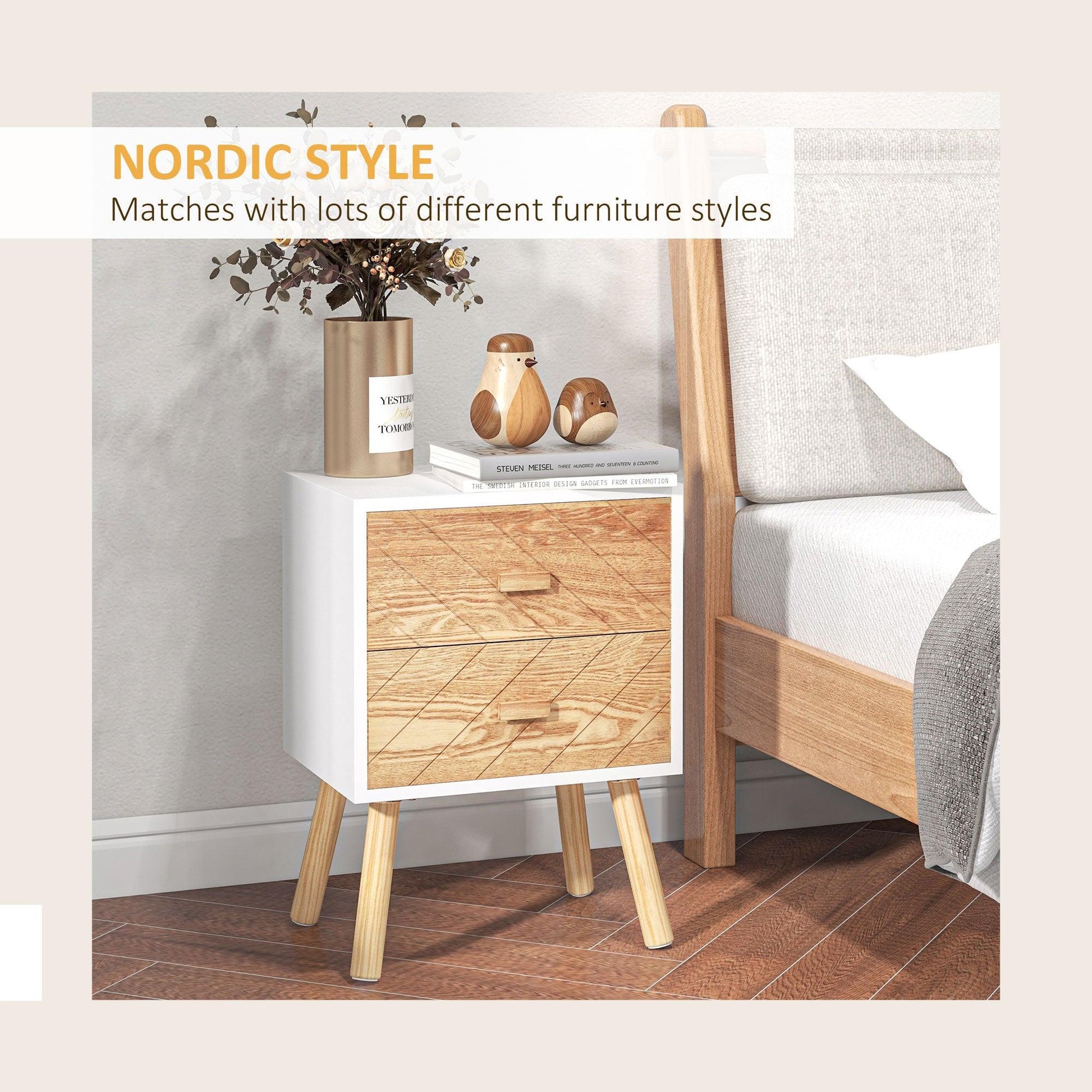 HOMCOM Set of 2 Natural Wood Bedside Tables with Pine Legs - ALL4U RETAILER LTD