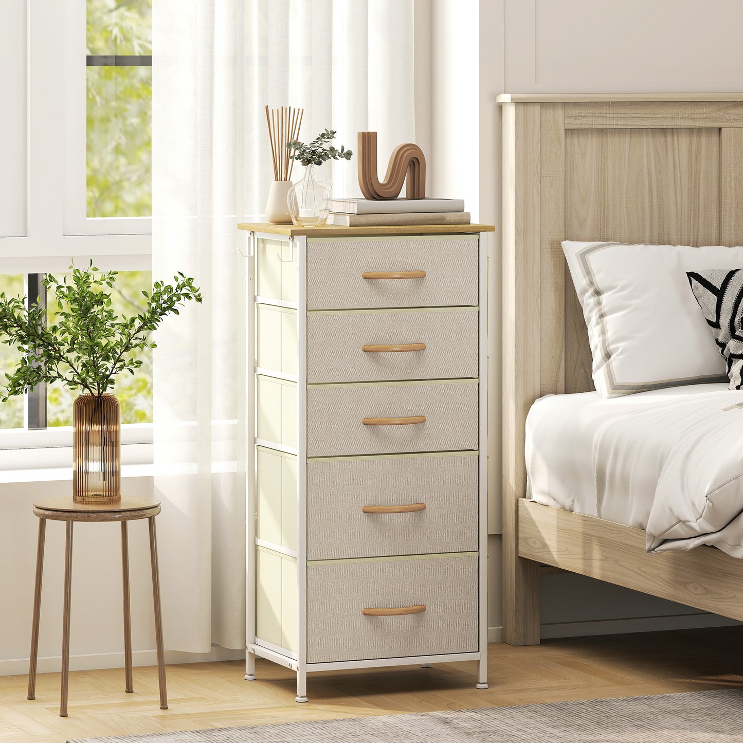 HOMCOM Five Fabric Drawer Chest Beige With Steel Frame And X Bar Support For Bedroom Storage