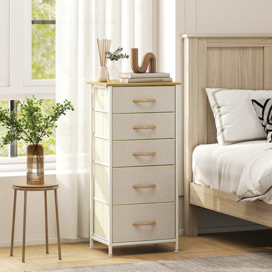 HOMCOM Five Fabric Drawer Chest Beige With Steel Frame And X Bar Support For Bedroom Storage