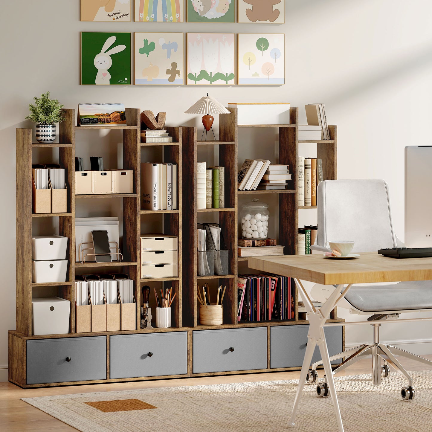 HOMCOM 12 Cubby Storage Unit With Drawers Brown Anti Tip Kit Sturdy Base Tree Bookcase