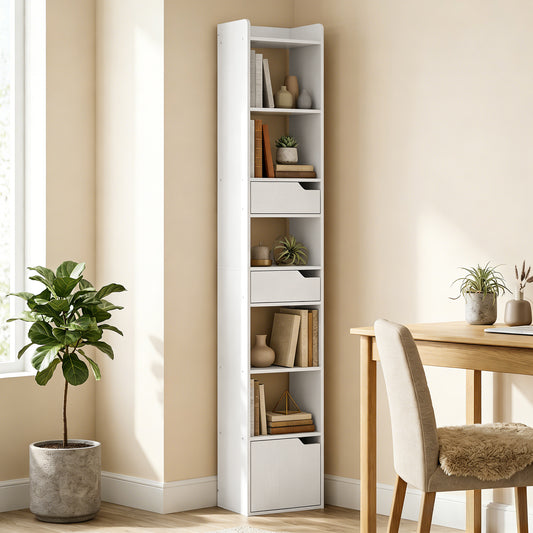 HOMCOM Tall Narrow Bookcase With 5 Tiers And Drawers Freestanding White Wood Effect Living Room Storage Cabinet
