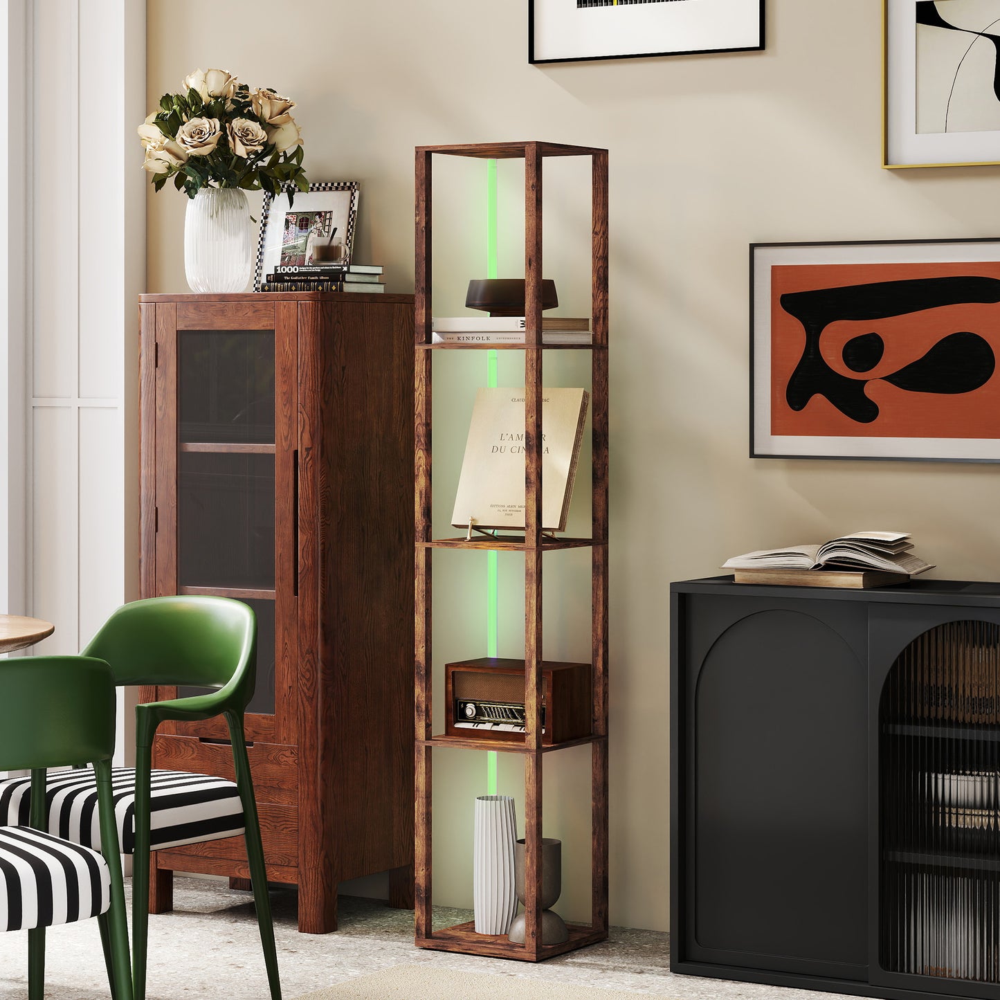 HOMCOM RGB LED Floor Lamp With Shelves, Modern Dimmable Standing Lamp With Remote Control Rustic Brown