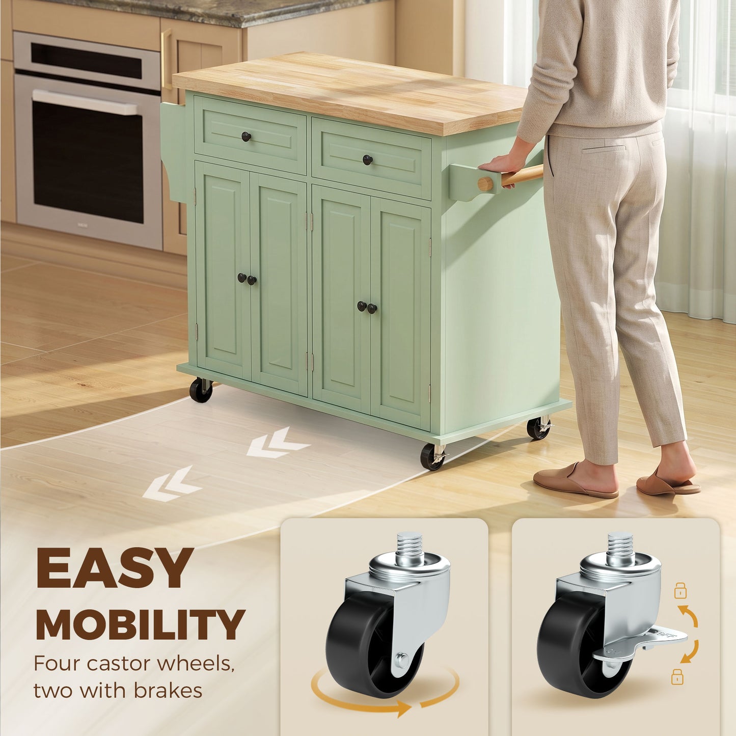 Homcom Rolling Kitchen Island Storage Cart With Rubber Wood Top Light Green