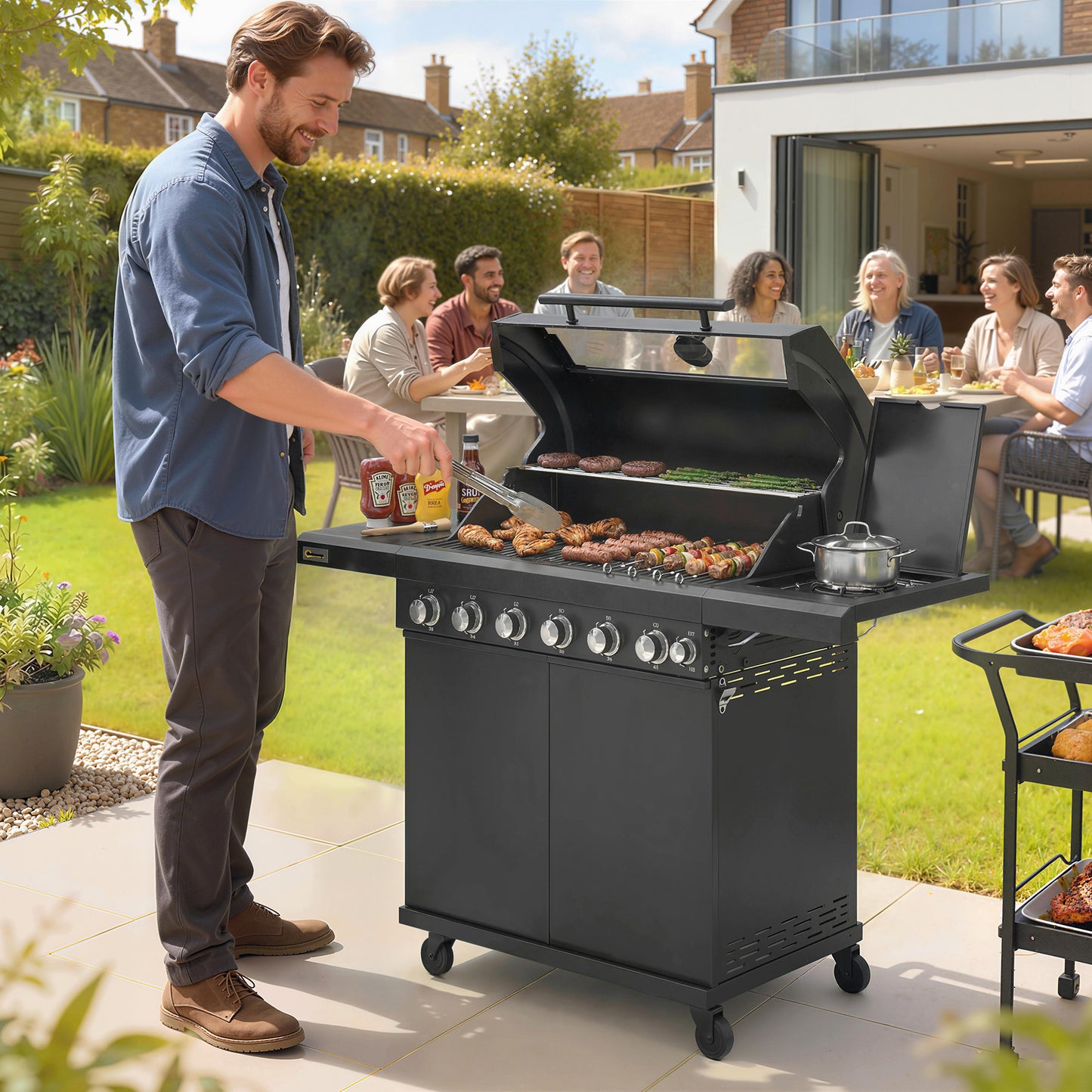 Outsunny Six Plus One Burner Gas BBQ Grill On Trolley With Wheels Warming Rack Thermometer And Bottle Opener Black
