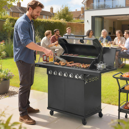 Outsunny Six Plus One Burner Gas BBQ Grill On Trolley With Wheels Warming Rack Thermometer And Bottle Opener Black