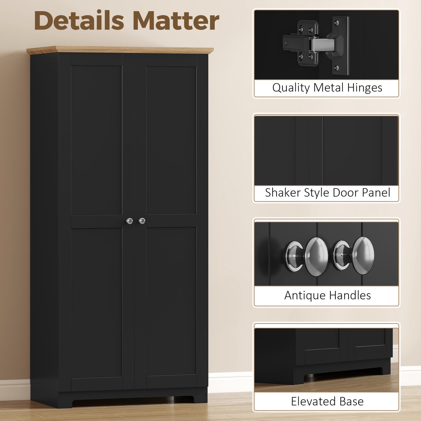 HOMCOM Kitchen Cupboard 172cm Freestanding Storage Cabinet With Doors And Four Shelves Black