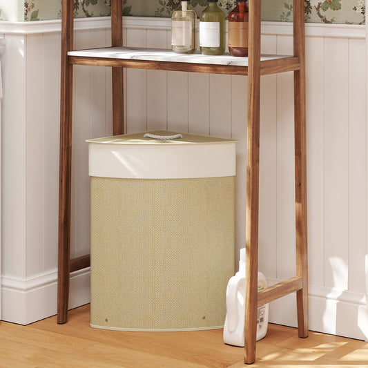HOMCOM Bamboo Laundry Basket With Lid 55L Corner Hamper Removable Washable Liner Bag Triangle Basket Nature Wood Finish