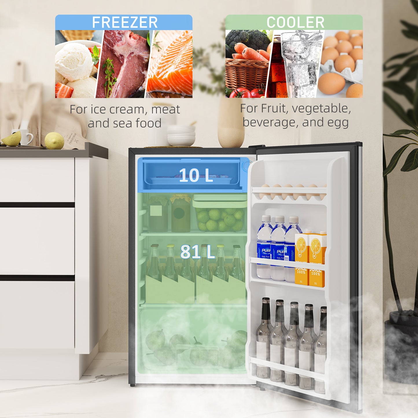 HOMCOM 91L Under Counter Fridge With Chiller Removable Shelf Reversible Door Adjustable Legs Mini Fridge Silver