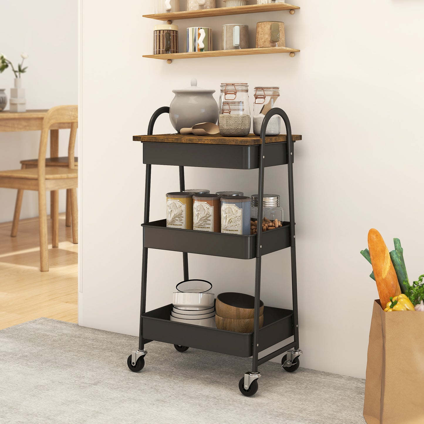 HOMCOM 3 Tier Kitchen Storage Trolley On Wheels With Cover Top Board Rustic Brown And Black