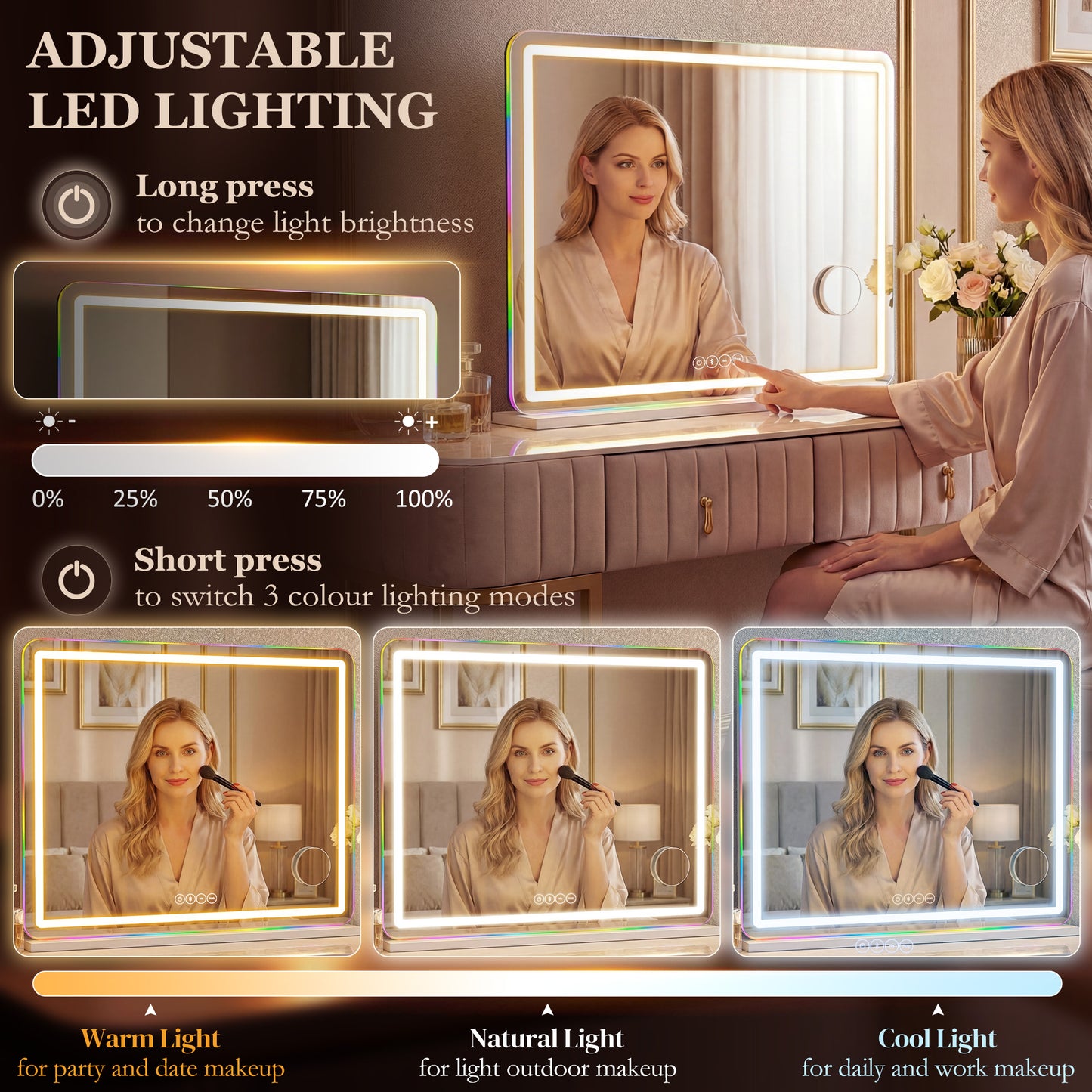HOMCOM Vanity Mirror With Lights Dimmable Makeup Mirror Adjustable Color Temperature RGB LED Light Bluetooth Speaker White