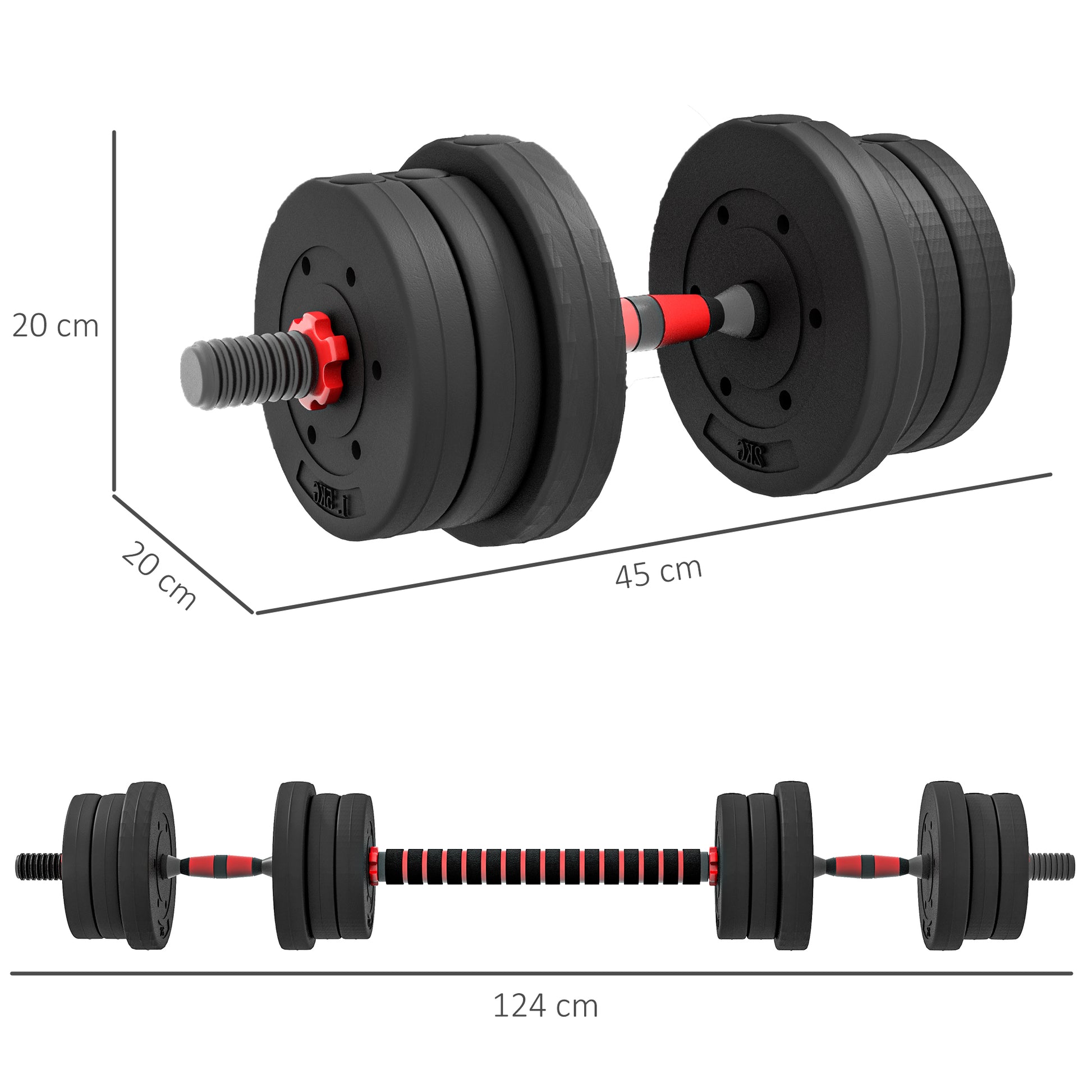 HOMCOM 20kg Versatile Adjustable Dumbbells and Barbell Weight Set for Home and Gym Fitness, Black - ALL4U RETAILER LTD