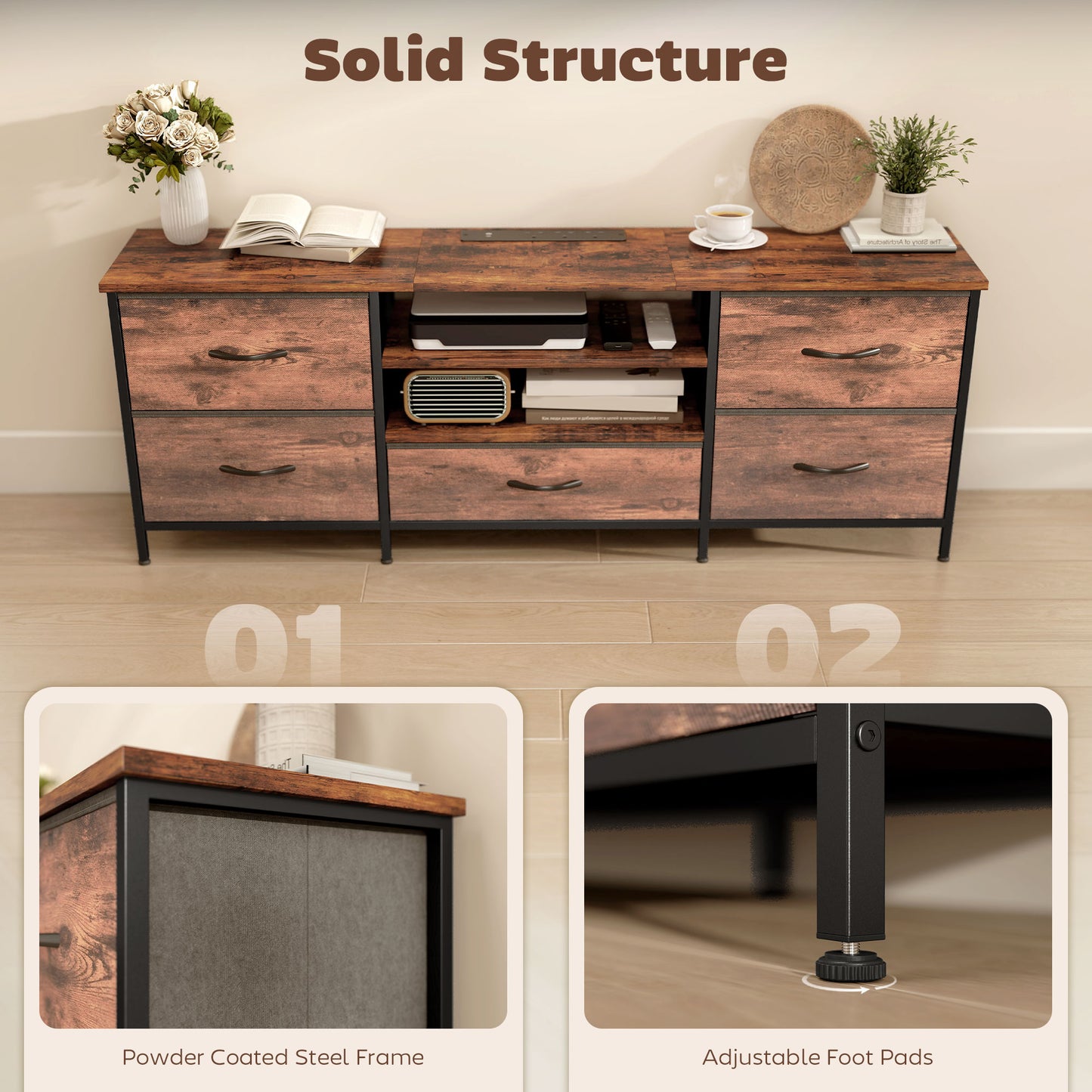 HOMCOM Multi Storage Industrial TV Stand For 65 Inch TV Dark Wood Effect With Grey Fabric Drawers And Steel Frame