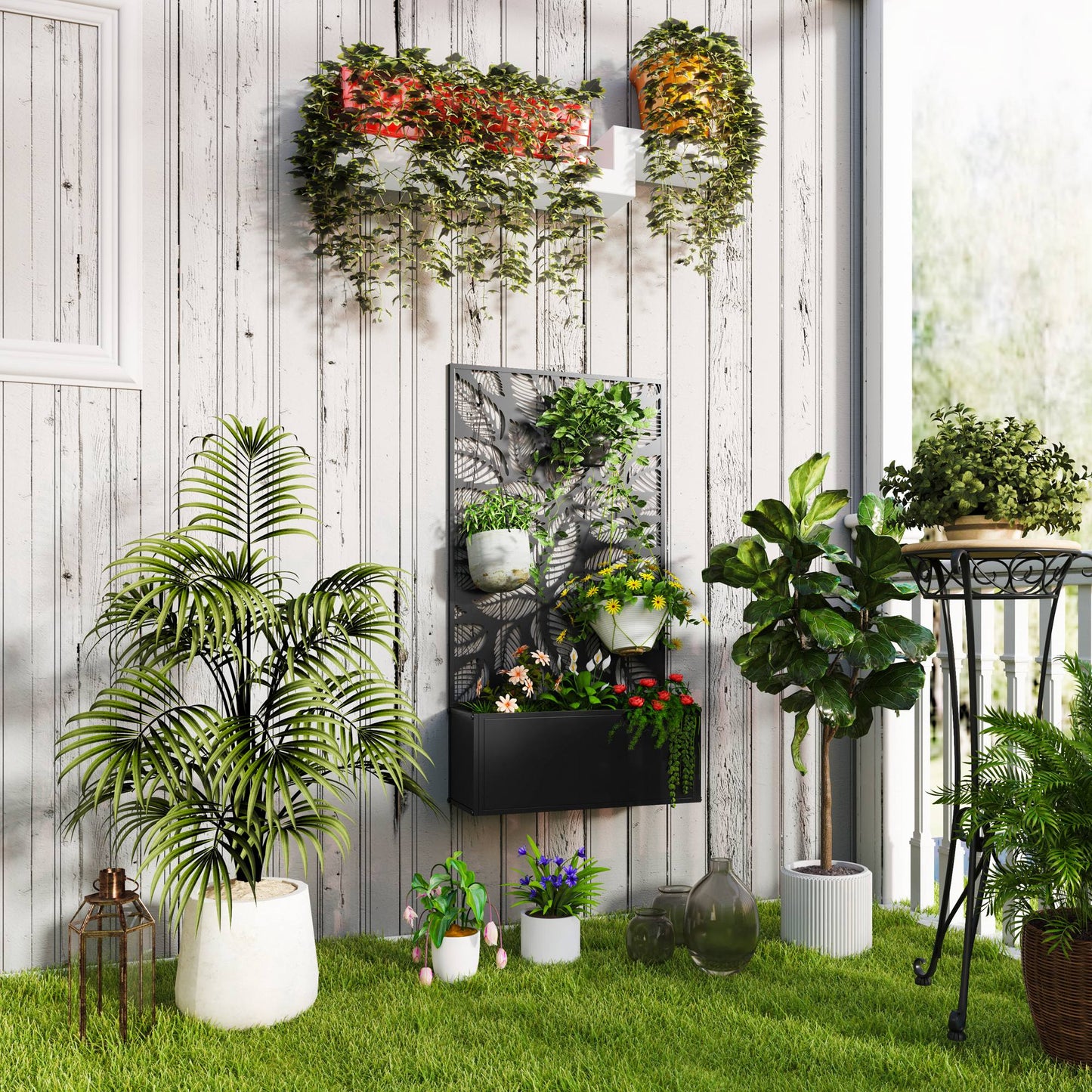 Outsunny Outdoor Metal Planter With Back Trellis Black Powder Coated Garden Box 32L