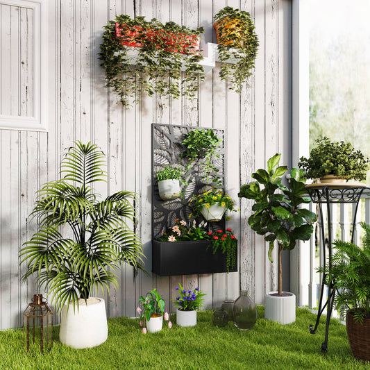 Outsunny Outdoor Metal Planter With Back Trellis Black Powder Coated Garden Box 32L