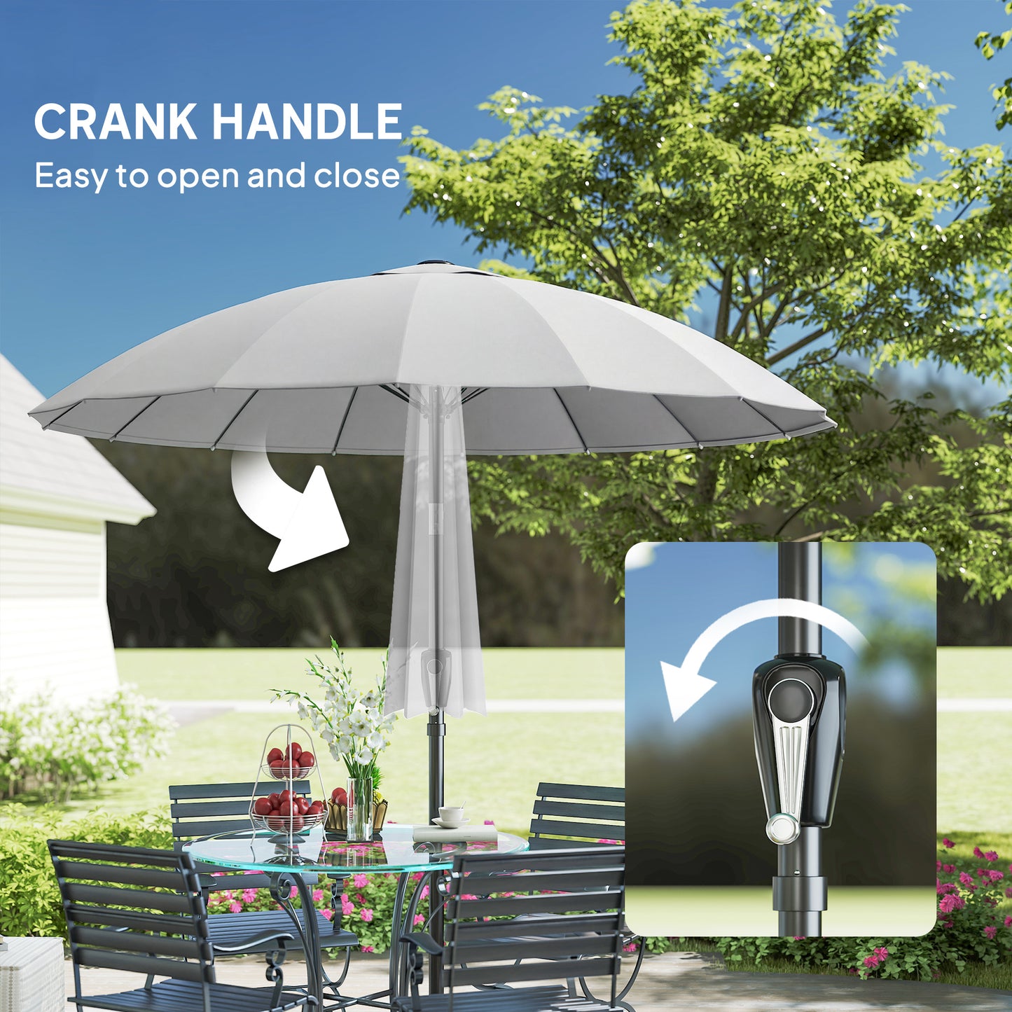 Outsunny 2 Meter Shanghai Garden Parasol Umbrella With 16 Fibreglass Ribs And Crank Tilt UPF30 Plus Light Grey