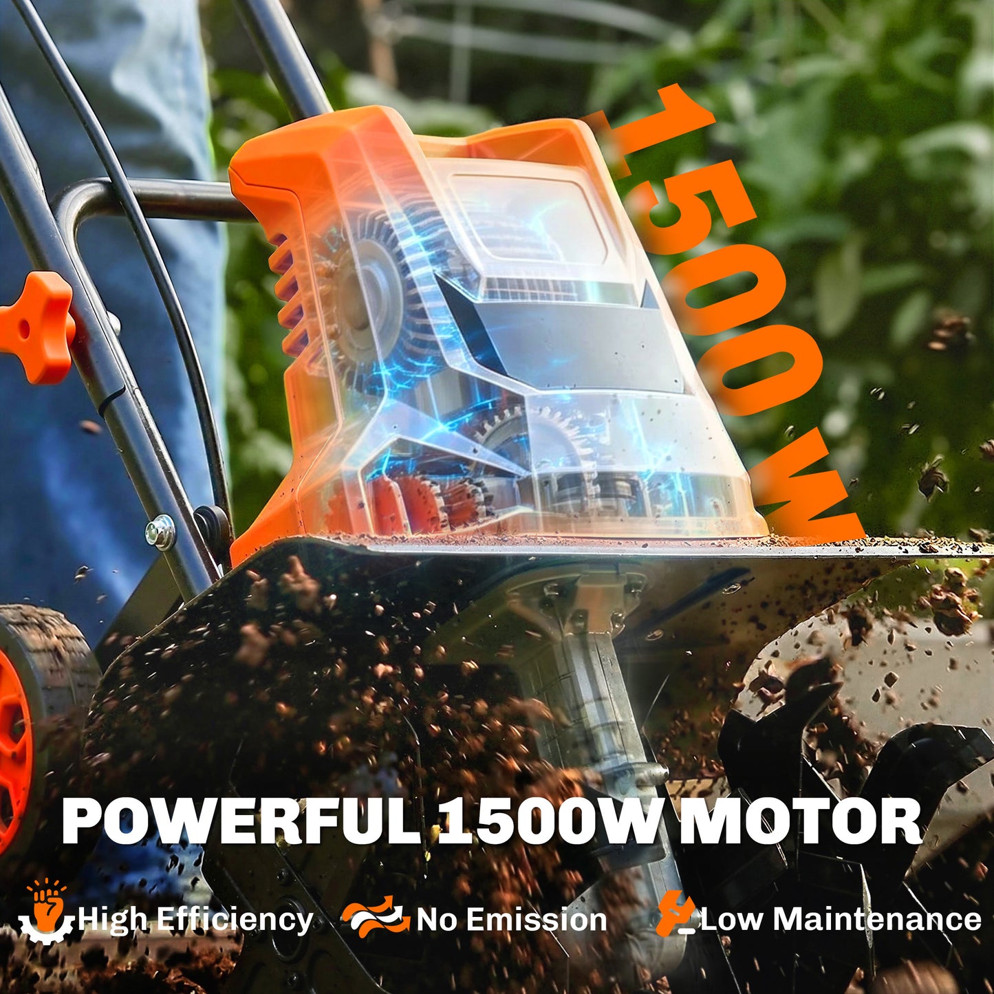 Outsunny 1500W Electric Garden Tiller With Foldable Handle 40cm Width 20cm Tilling Depth 6 Blades 2 Adjustable Wheels