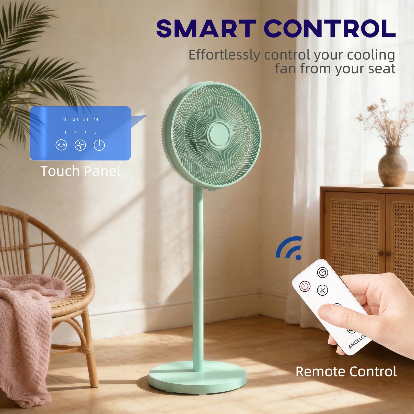 HOMCOM 40 cm Standing Floor Fan With 80 Degree Oscillation Adjustable Tilt And Height 4 Speeds Remote Control Green
