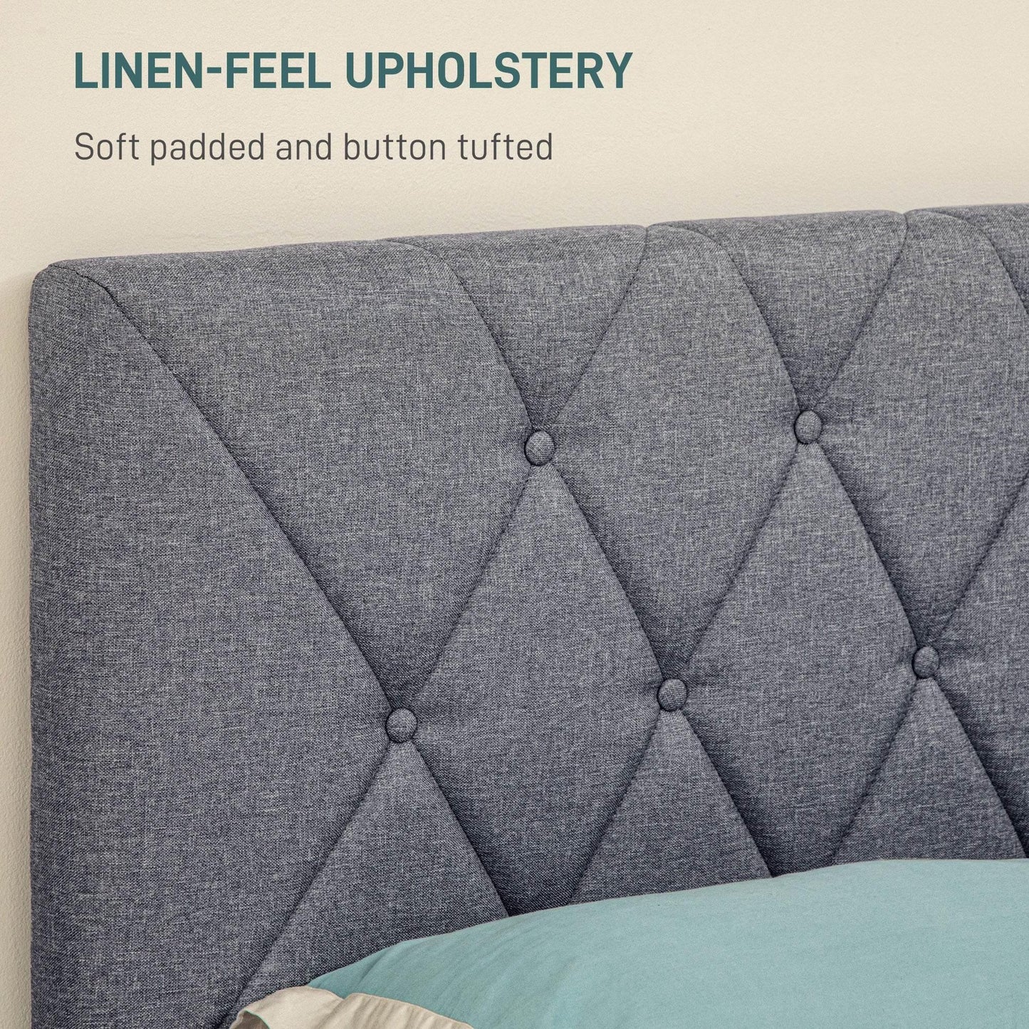 HOMCOM King Size Bed Frame with Adjustable Linen Upholstered Headboard and Wooden Slats, No Box Spring Required, Grey - ALL4U RETAILER LTD