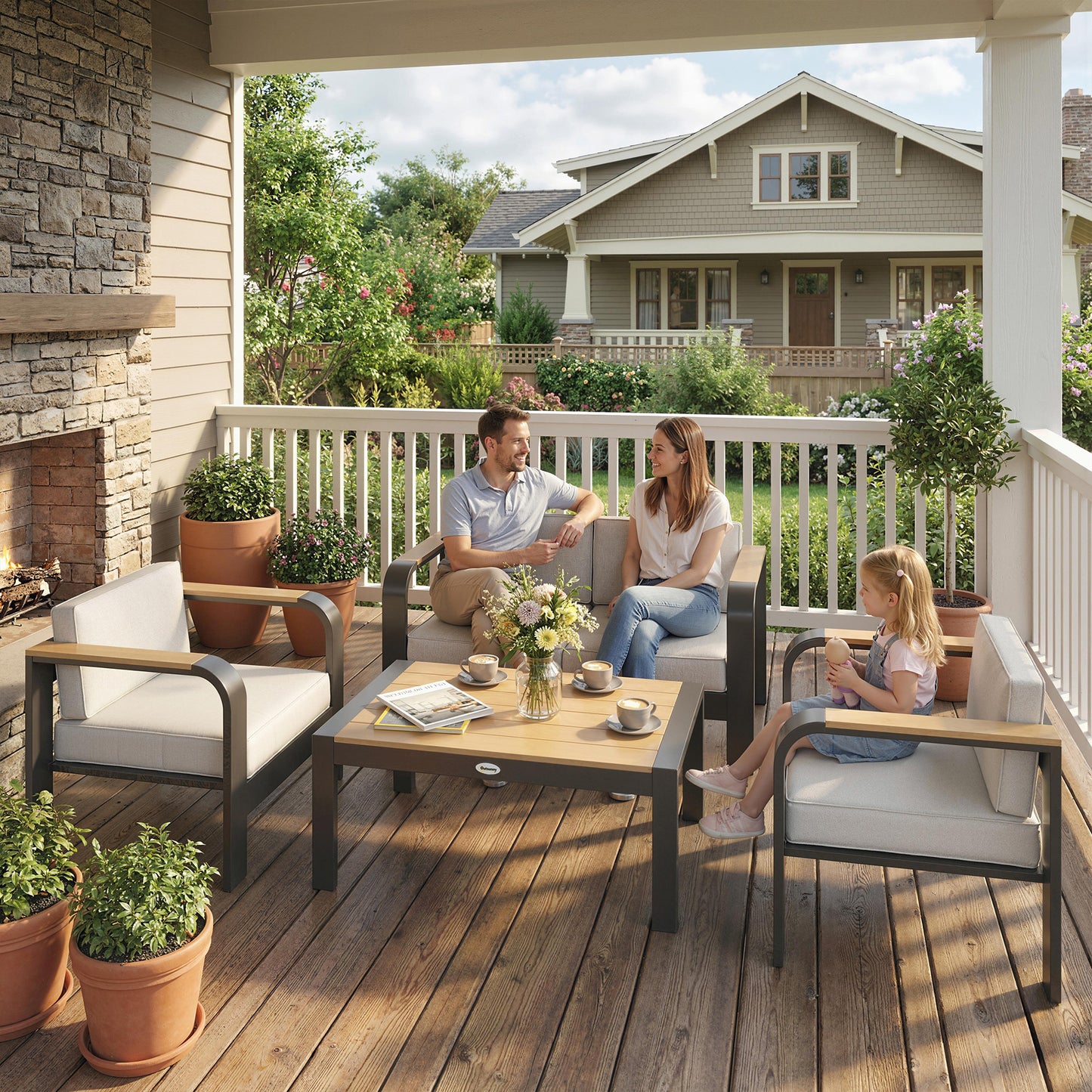 Outsunny 4 Seater Aluminium Garden Furniture Set With Olefin Cushions Beige Sofa Table Loveseat Armchairs