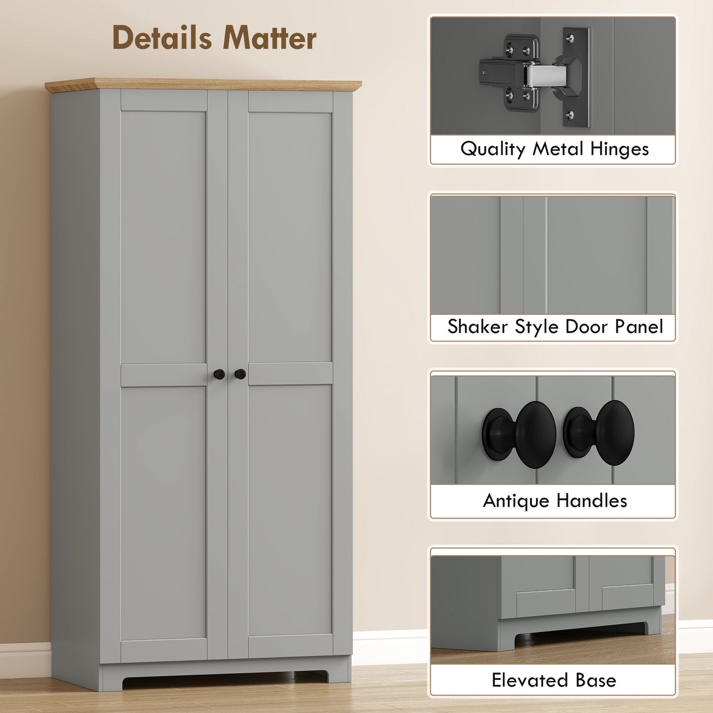 HOMCOM Kitchen Cupboard 172cm Freestanding Storage Cabinet With Doors And 4 Shelves Grey