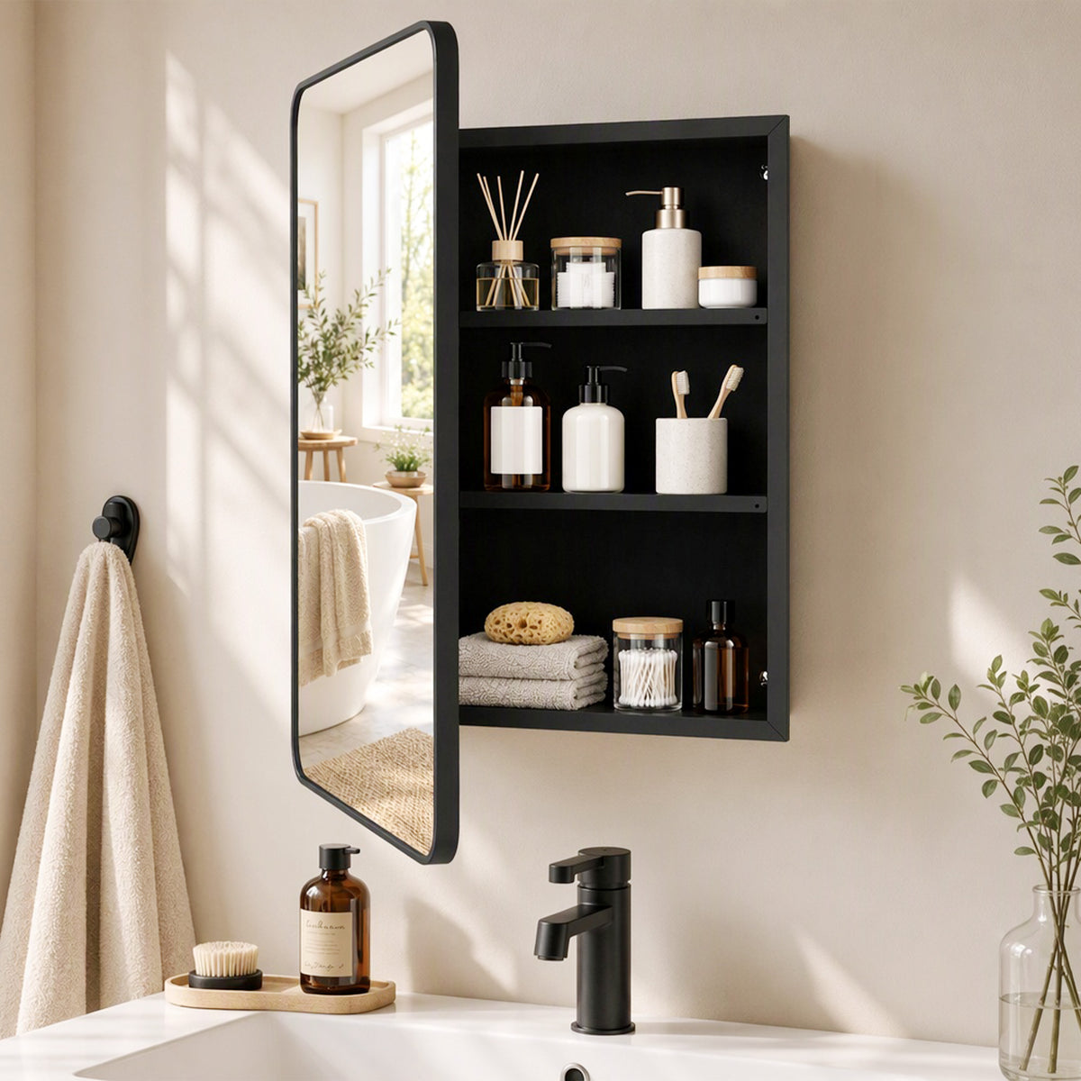 Black bathroom mirror cabinet with open door and adjustable shelves for toiletries