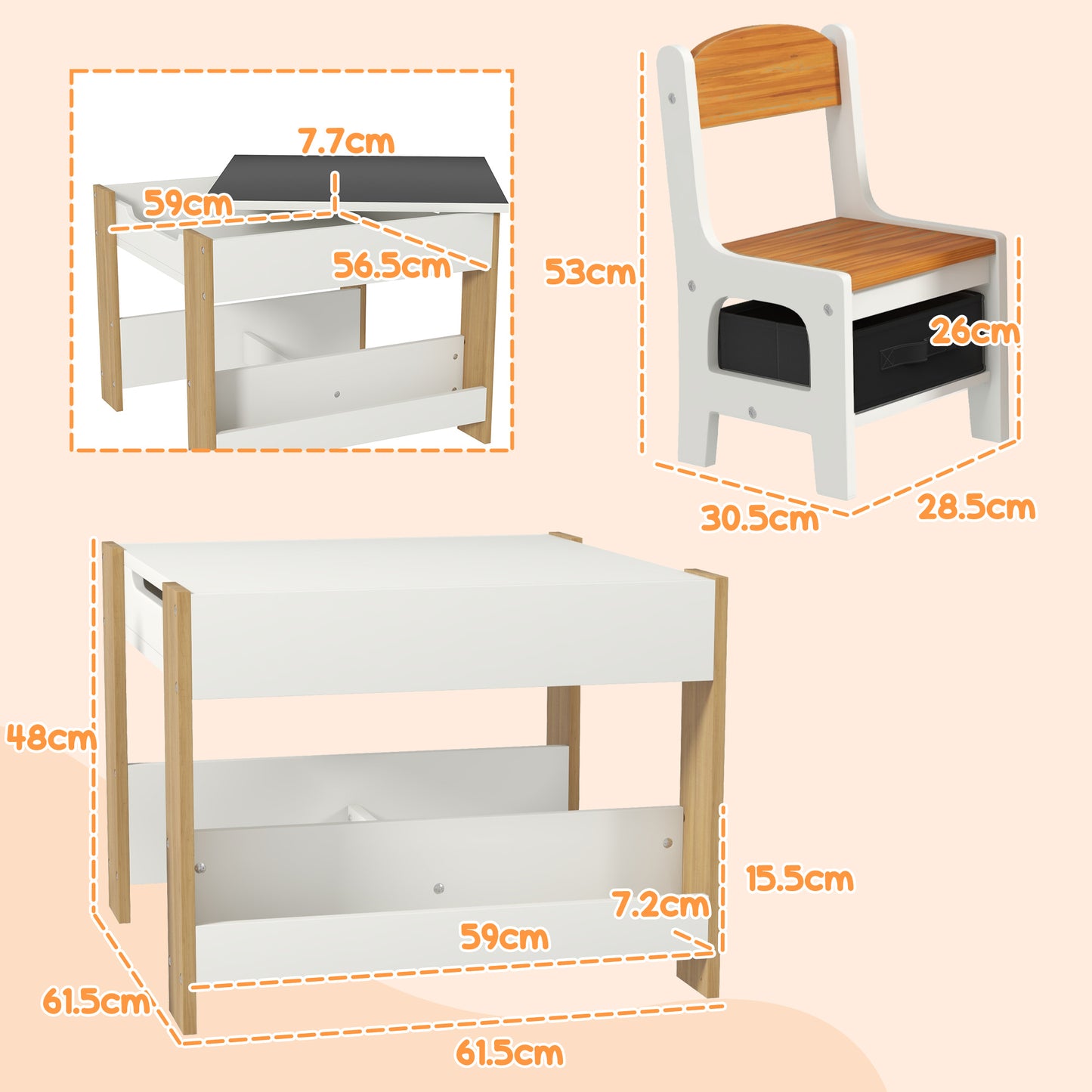 HOMCOM Three Piece Kids Table And Chair Set With Blackboard, Storage, And Bookshelves In Natural Wood