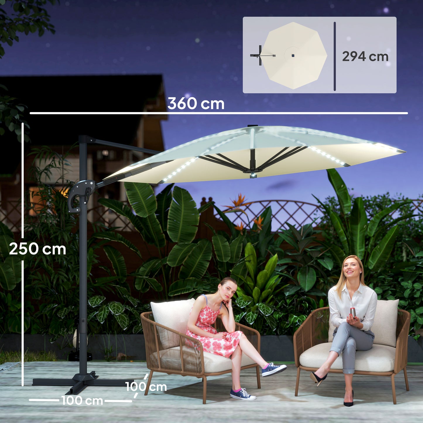 Outsunny 3m Cantilever Parasol With 360 Degree Rotation Solar Powered Lights Crank Handle Cross Base UPF 50 Cream