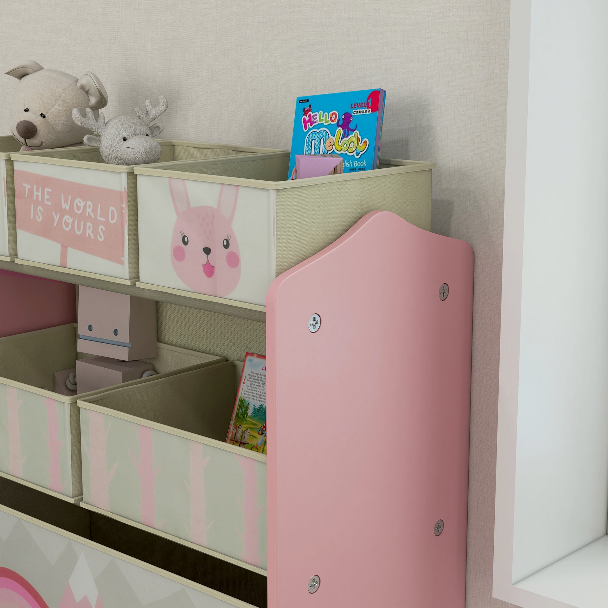 ZONEKIZ Pink Toddler Bed and Storage Shelf with 6 Fabric Bins for Ages 3-6, Fun Animal Design - ALL4U RETAILER LTD