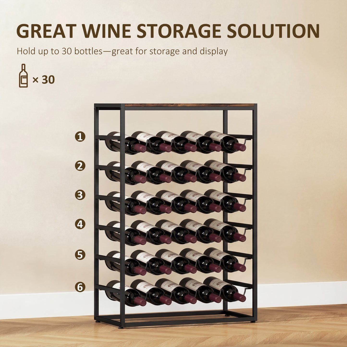HOMCOM 30 Bottles Wine Rack 6 Tier Free Standing Wine Storage Holder With Wood Effect Tabletop Rustic Brown