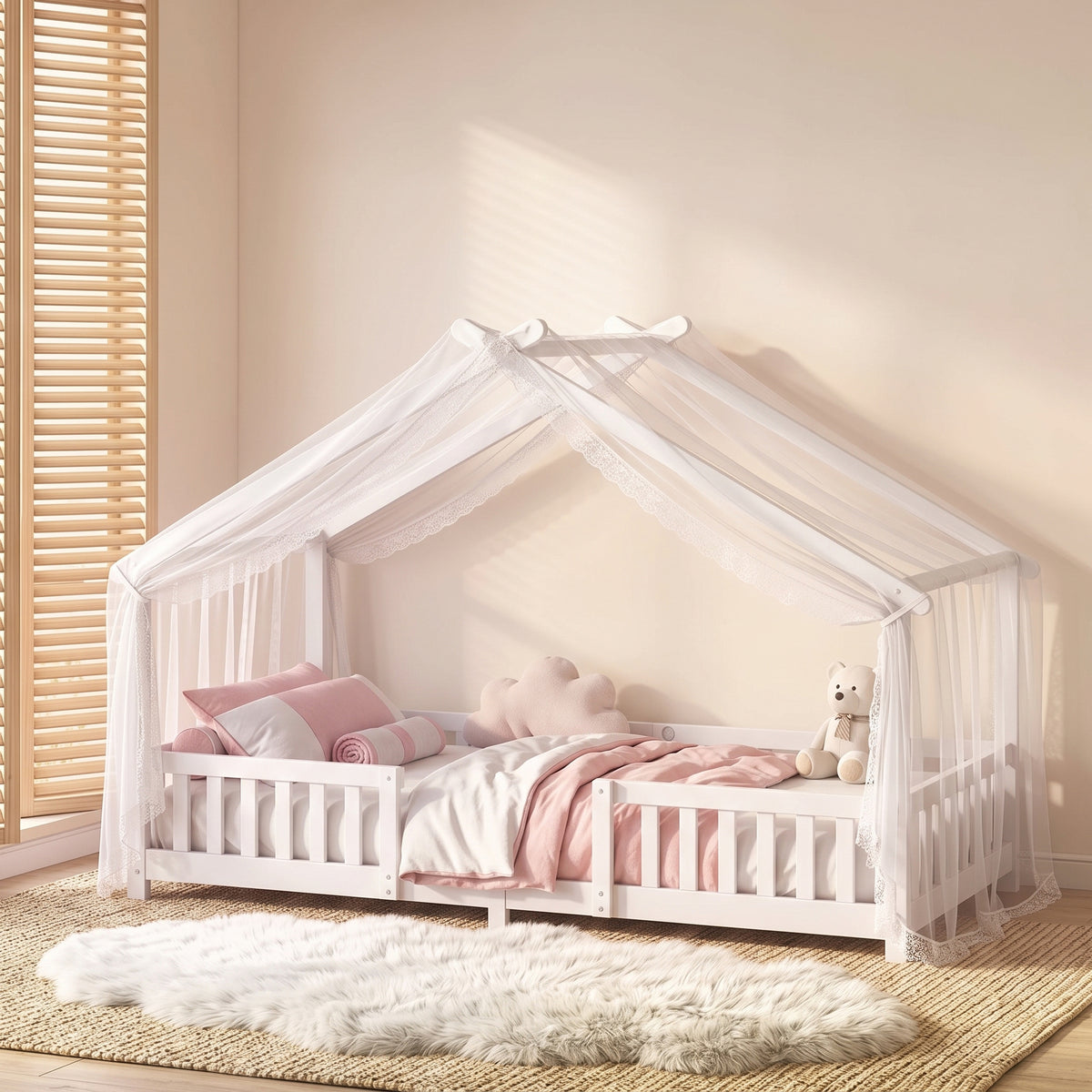 AIYAPLAY Solid Pine Wooden House Bed Frame for Kids with Dual Guardrails White