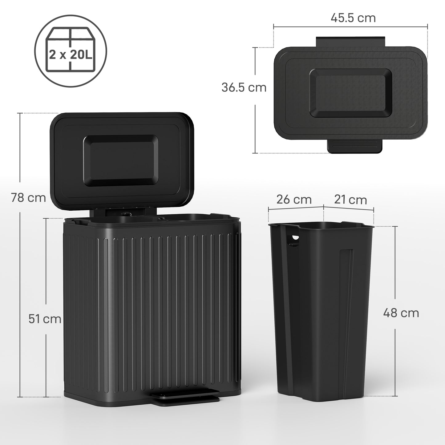 HOMCOM 40L Dual Compartment Pedal Bin With Soft Close Lid And Stay Open Option Metal Kitchen Waste Bin Black