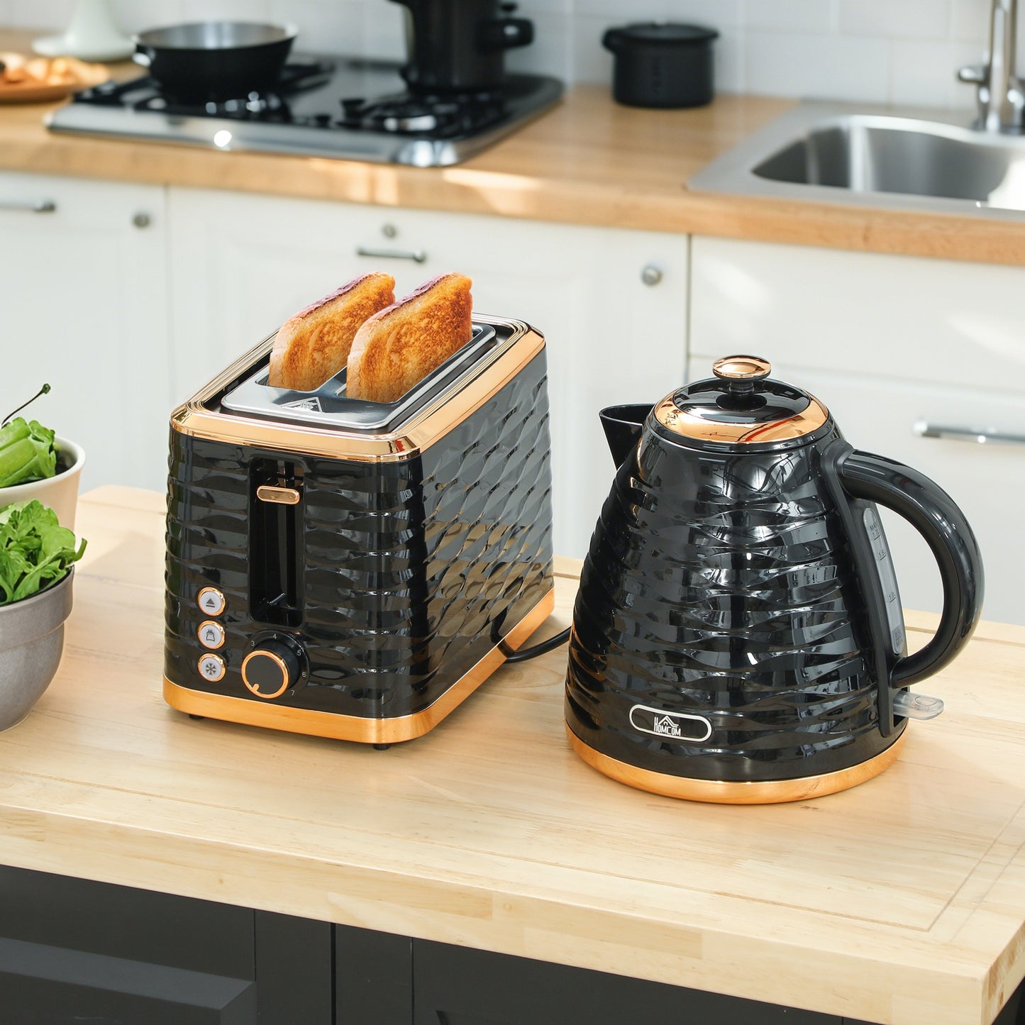 HOMCOM 3000W 1.7L Rapid Boil Kettle And 2 Slice Toaster Set With 7 Browning Levels And Crumb Tray Black