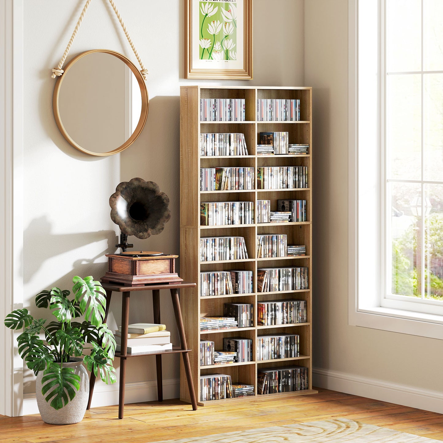 HOMCOM 640 CD Storage Tower In Nature Wood Finish With 14 Adjustable Shelves And Anti Tipping Design