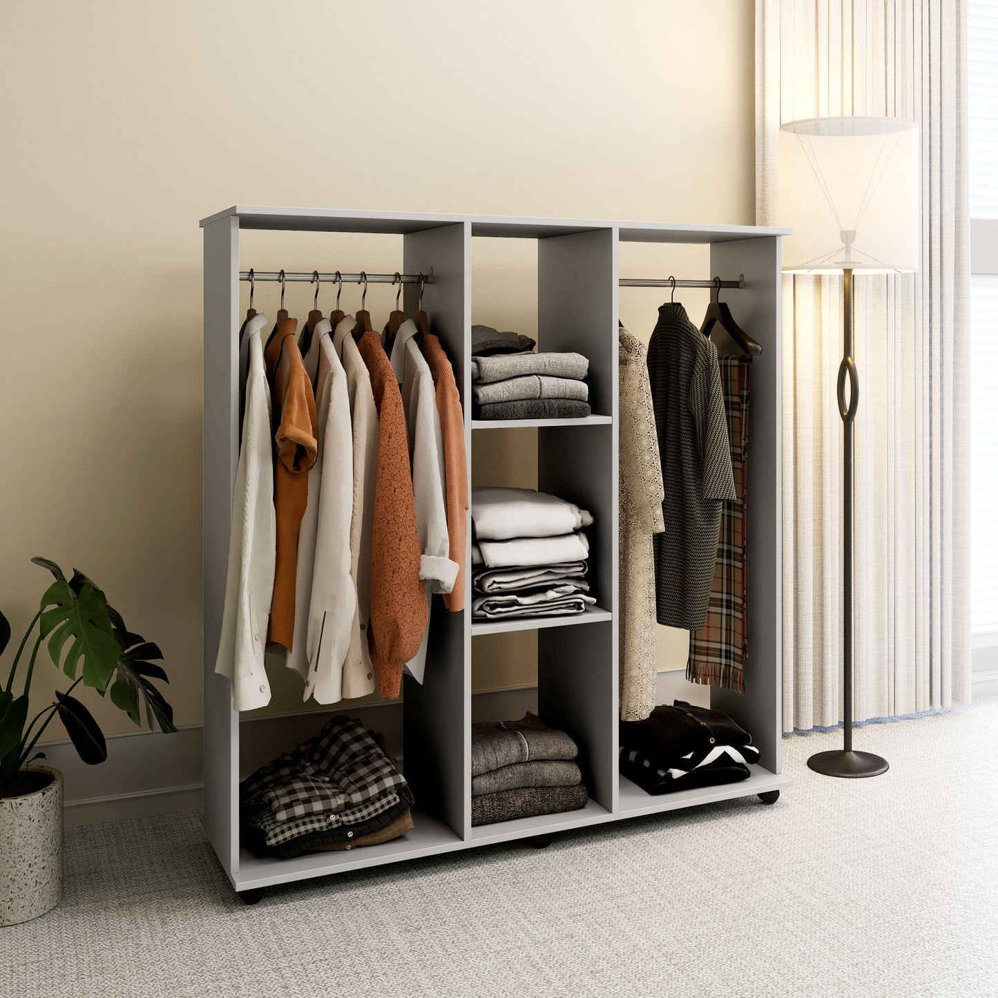 HOMCOM Open Wardrobe Double Mobile Storage Shelves Organizer With Six Wheels Grey