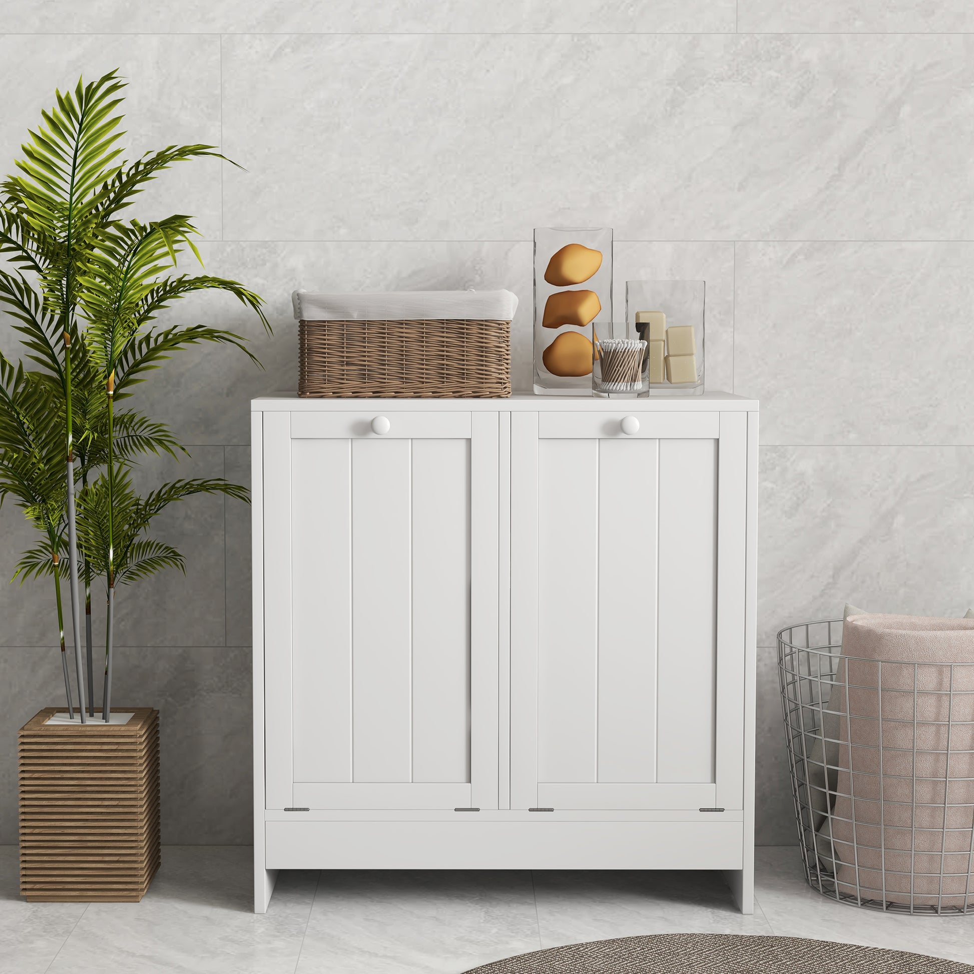 HOMCOM Modern White Tilt-Out Laundry Cabinet with Dual Compartments for Bathroom Storage - ALL4U RETAILER LTD