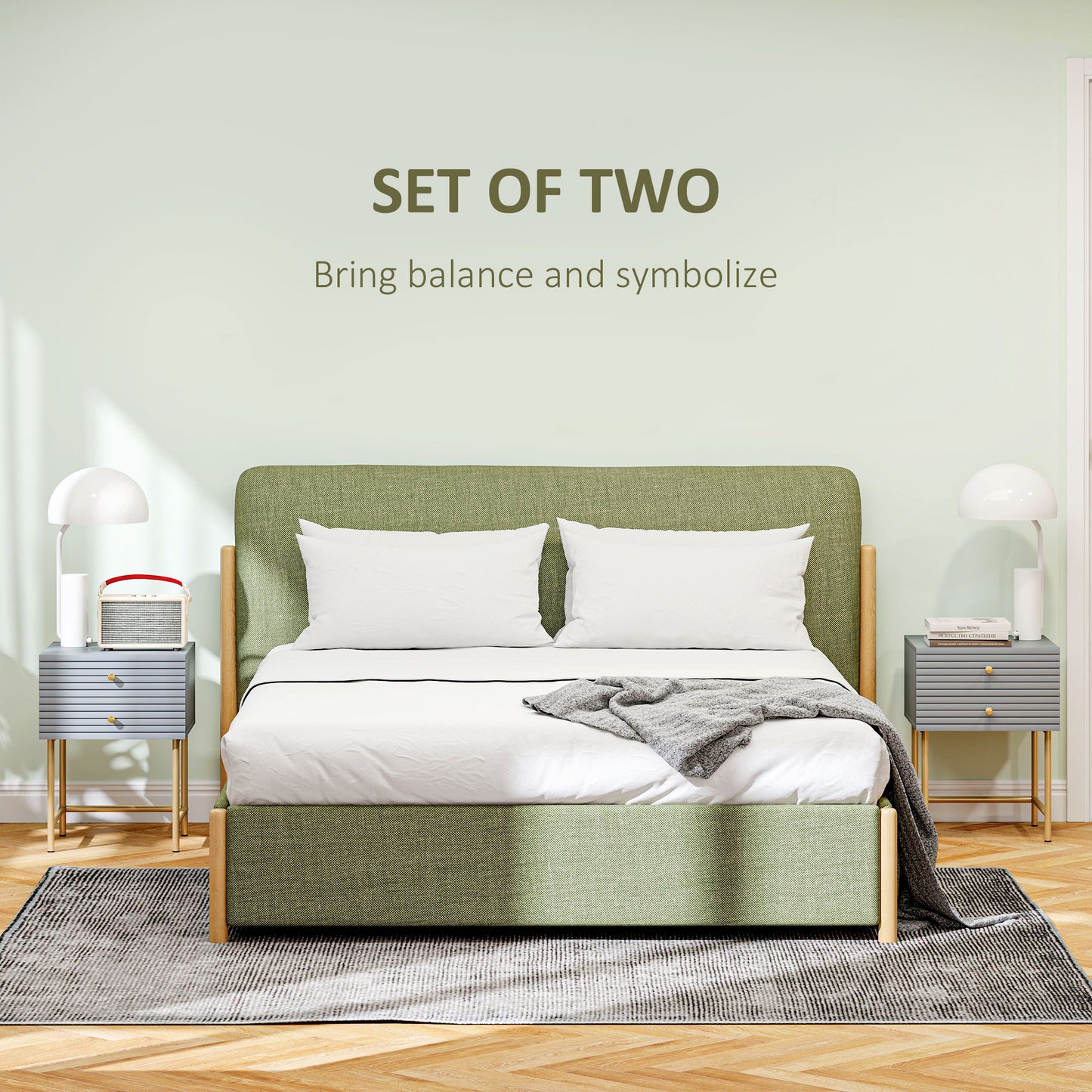 HOMCOM Set Of Two Elegant Bedside Tables With Grey Boxy Frames And Gold Tone Accents Having Two Drawers