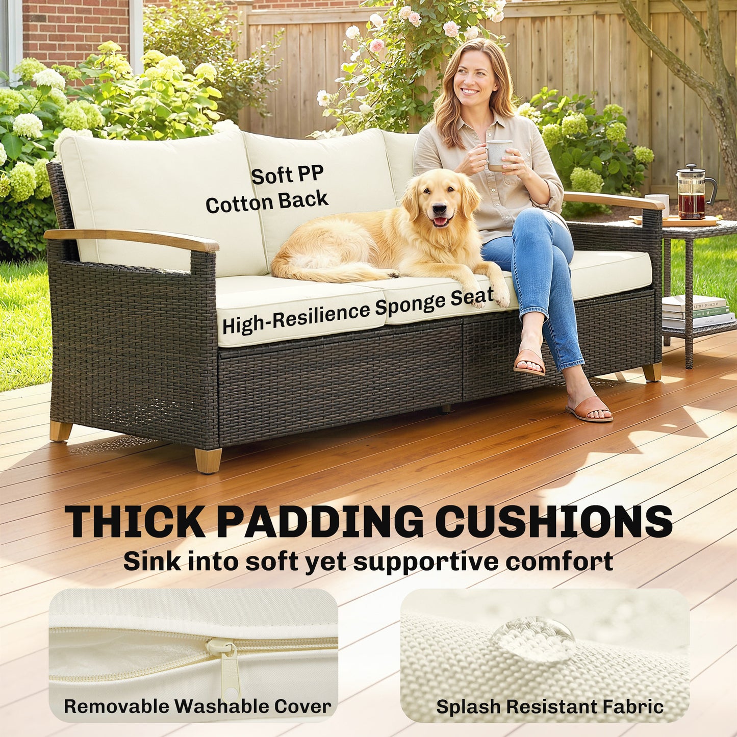 Outsunny 3 Seater Rattan Garden Sofa PE Wicker Outdoor Sofa Wide Deep Seat 4 Inch Cushions Wood Effect Armrests Brown