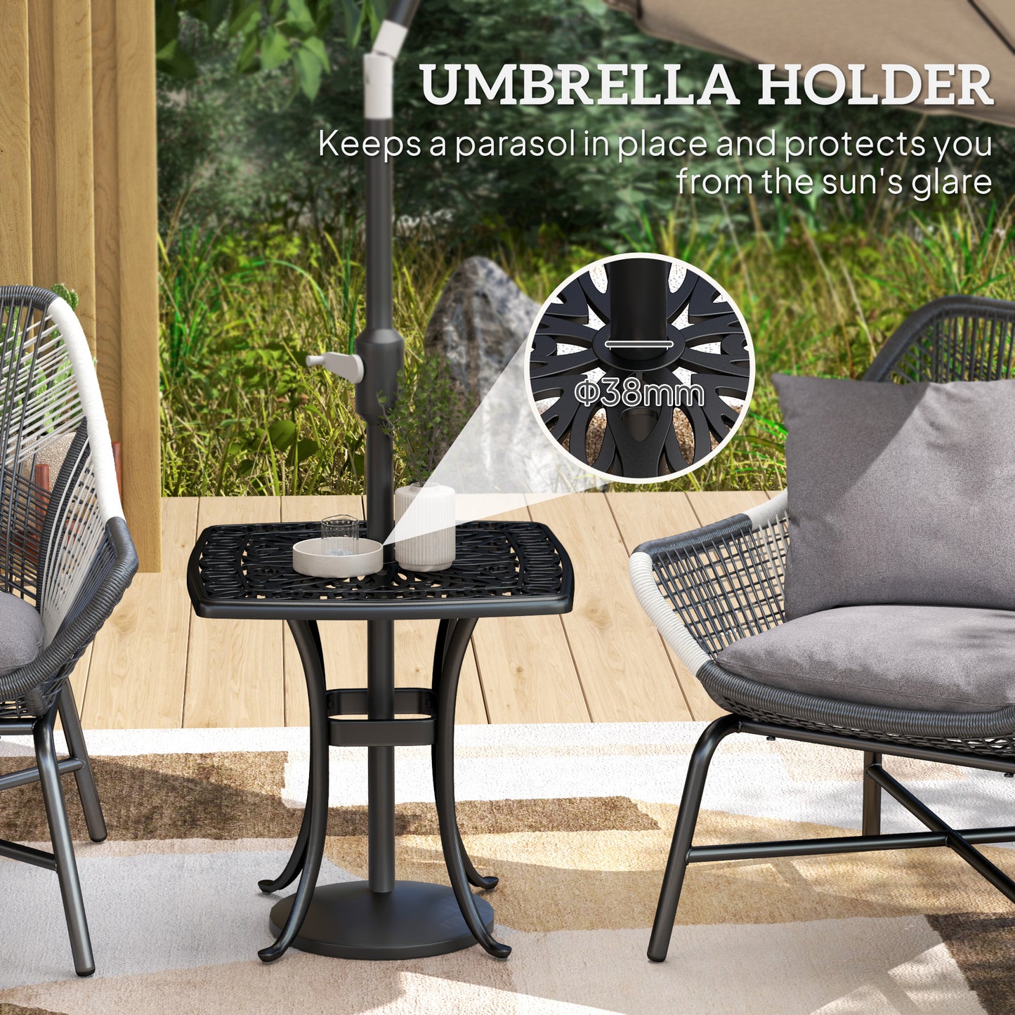 Outsunny Outdoor Cast Aluminium Square End Table With Umbrella Hole And Anti Slip Foot Pads 54x54 cm Black