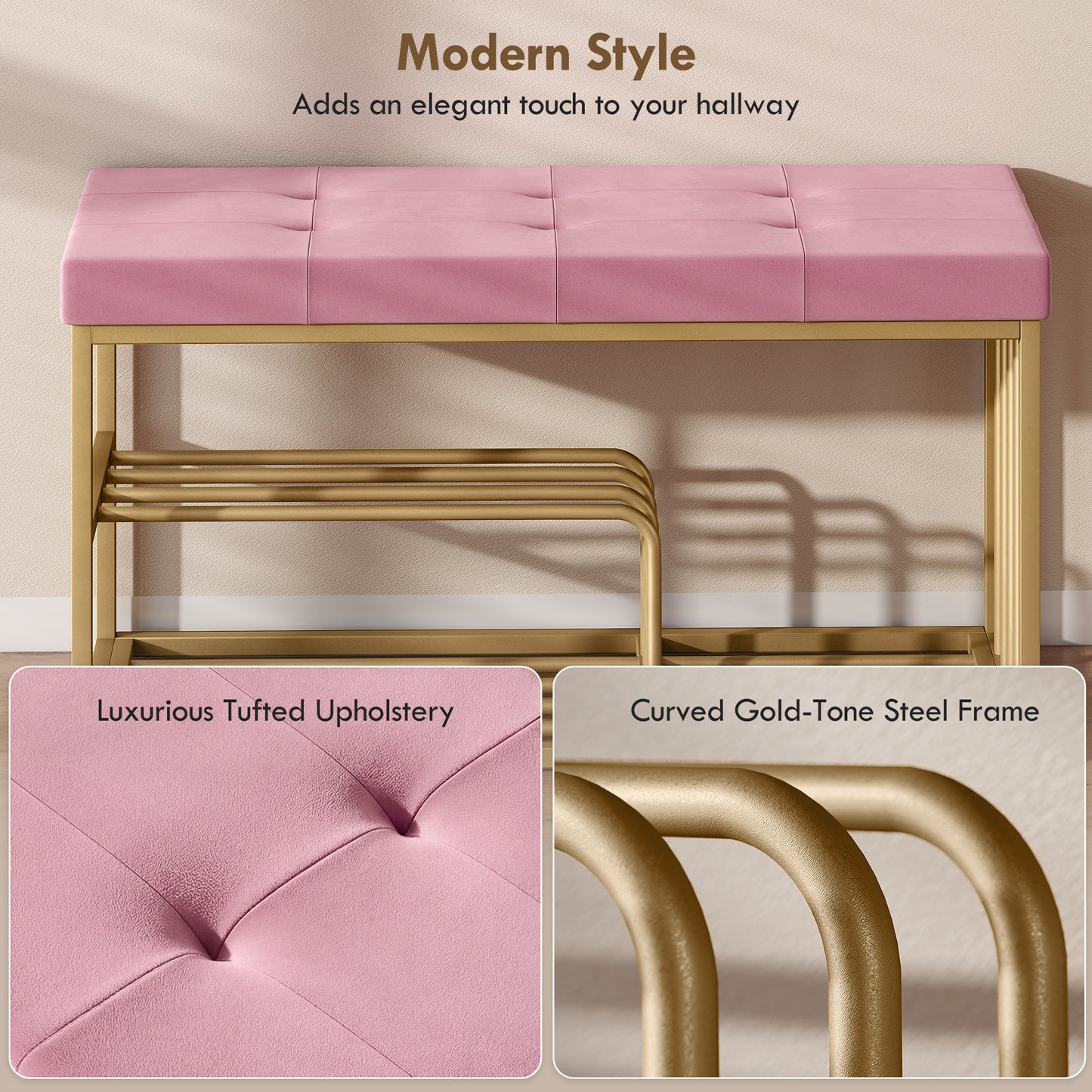 HOMCOM Tufted Shoe Storage Bench With Velvet Seat Pink And Gold Steel Frame For Entryway Holds Eight Pairs