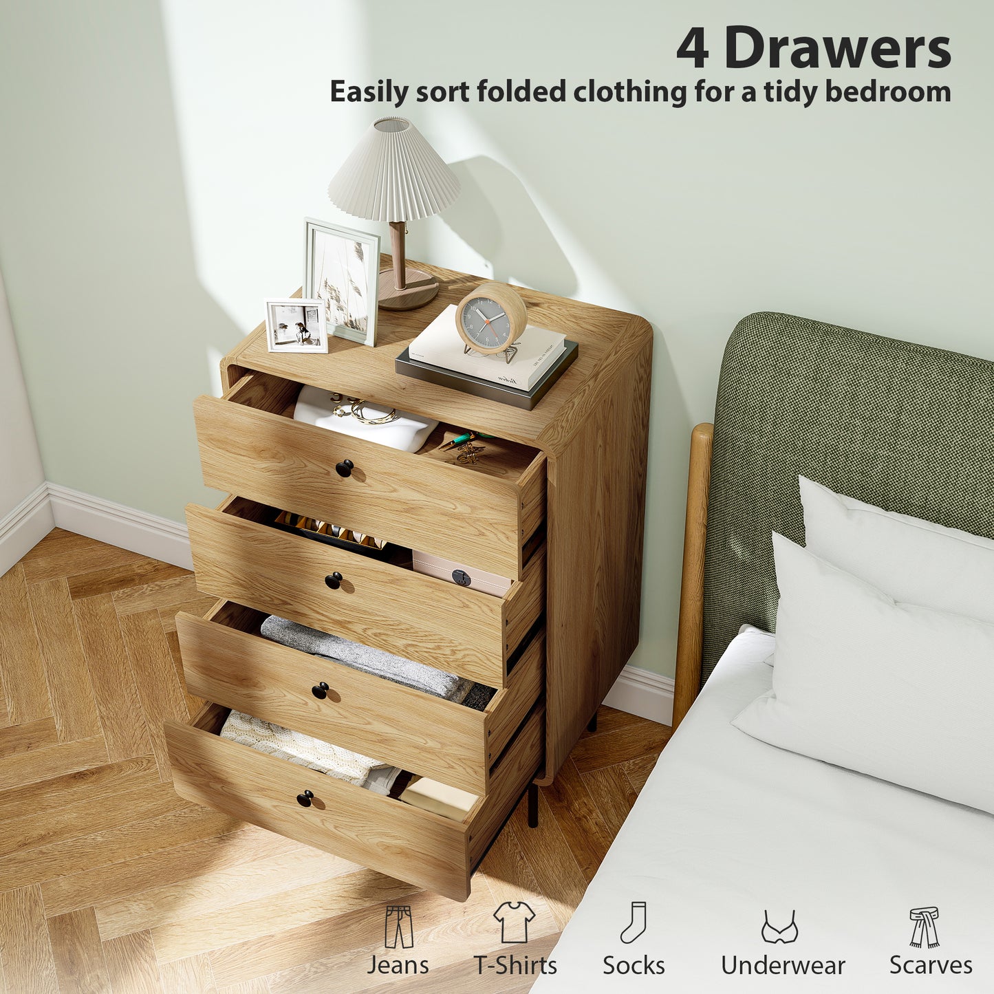 HOMCOM Modern Chest Of Drawers With Four Drawers Oak Finish Rounded Edges And Smooth Handles