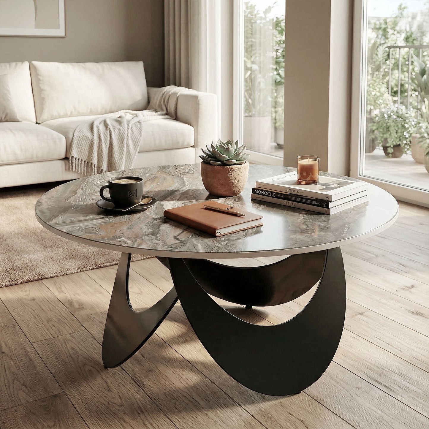 HOMCOM Coffee Table With Sintered Stone Top Adjustable Foot Pads Modern Centre Table For Living Room Brown And Black