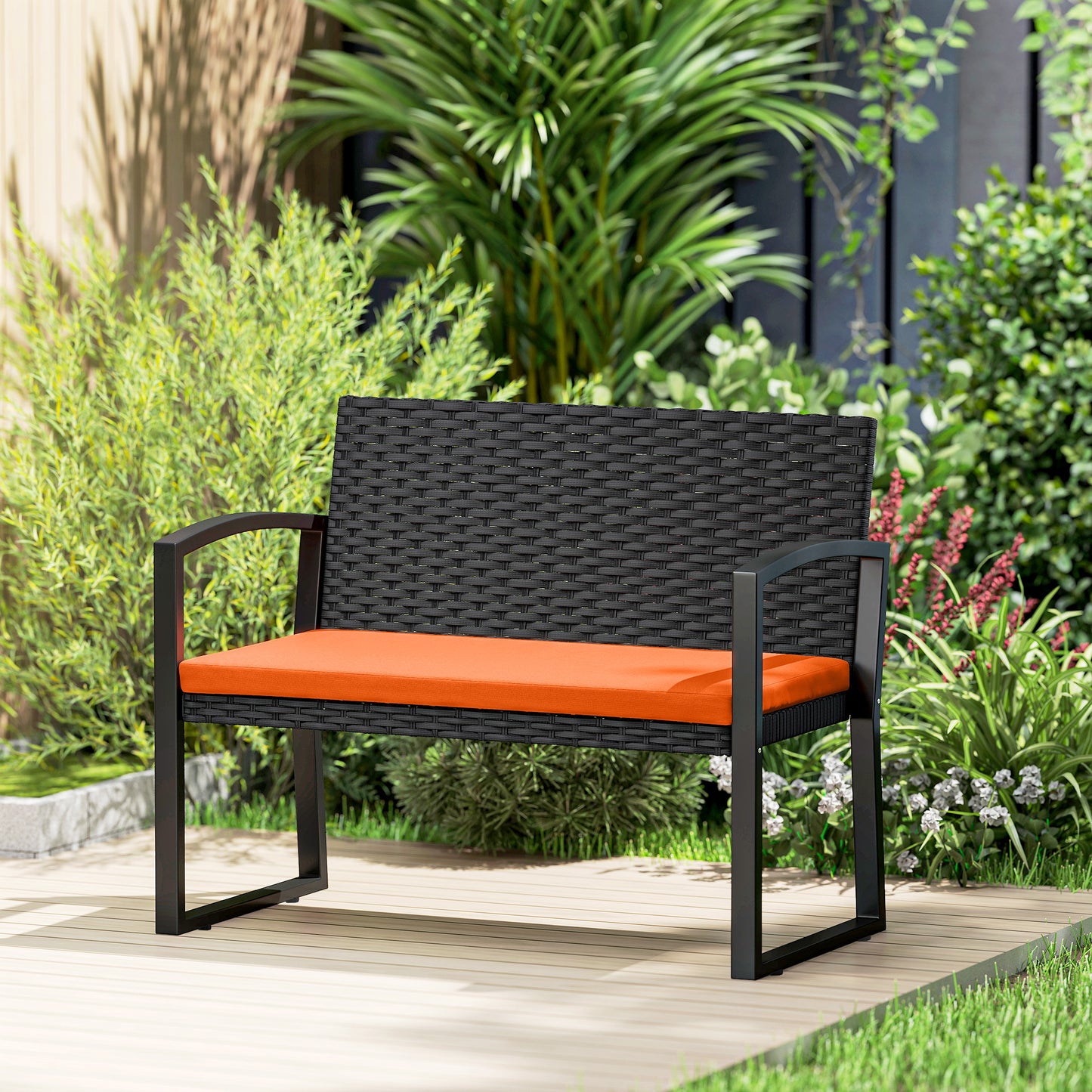 Outsunny Two Seater Rattan Garden Bench With Cushioned Seat Orange Powder Coated Steel Frame