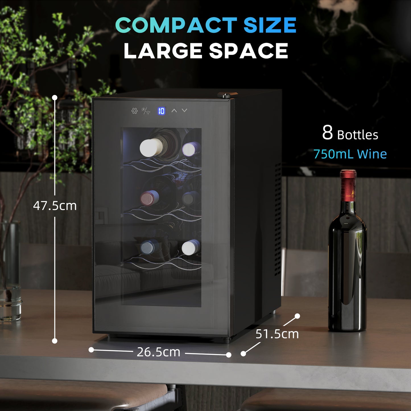 HOMCOM 8 Bottle Tabletop Wine Cooler 17 L Quiet Under Counter Glass Door LED Light Digital Touch Temperature Control