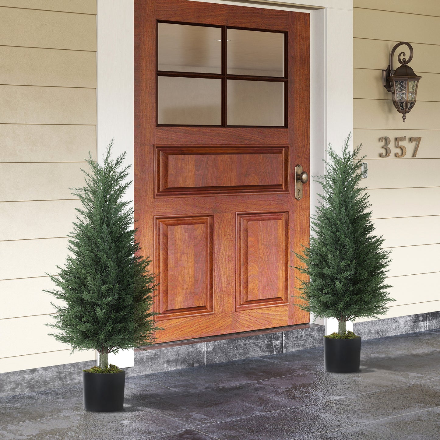 HOMCOM 90 CM Artificial Cypress Trees 2 Pack In Cement Pots UV Resistant Faux Plants For Garden Front Porch Decor