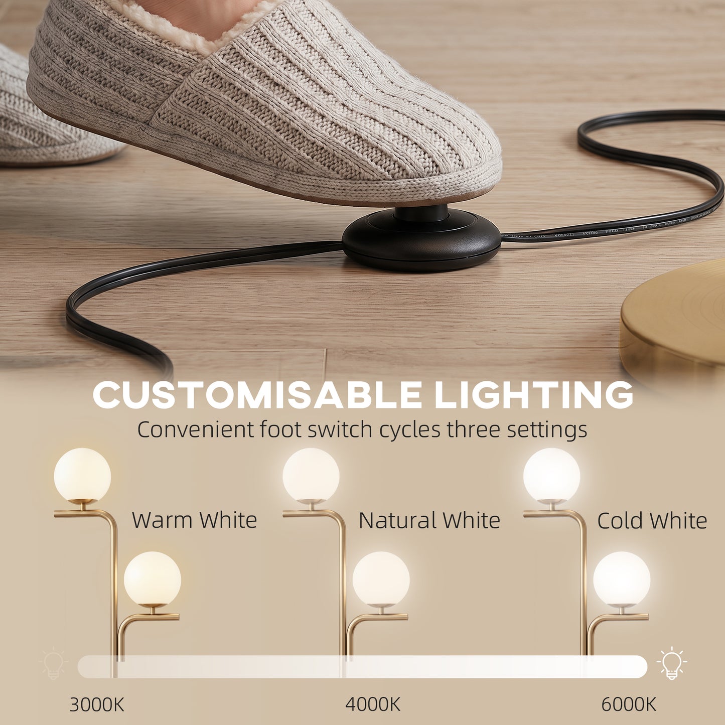 HOMCOM LED Floor Lamp Three Colour Temperatures Modern Standing Lamp With Globe Glass Shades And Foot Switch Gold Tone